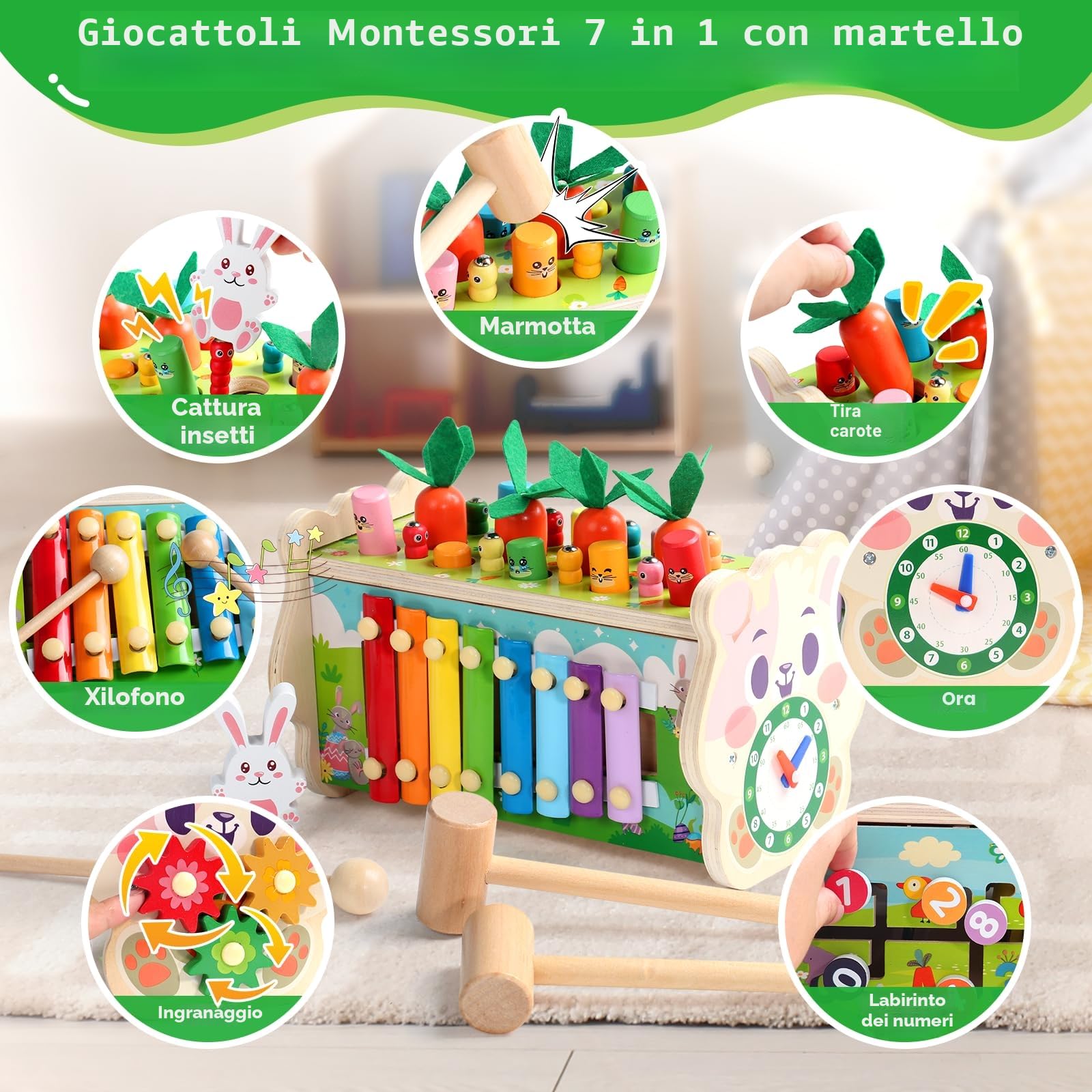 Fajiabao Giochi Montessori 1 Anno-7 in 1 Acchiappa la Talpa Giochi Bambini 1 Anno Cubo Multiattivita Legno Giocattoli con Martello,Strumenti Musicali Bambini Xilofono, Regalo Bambino 1-3 Anno