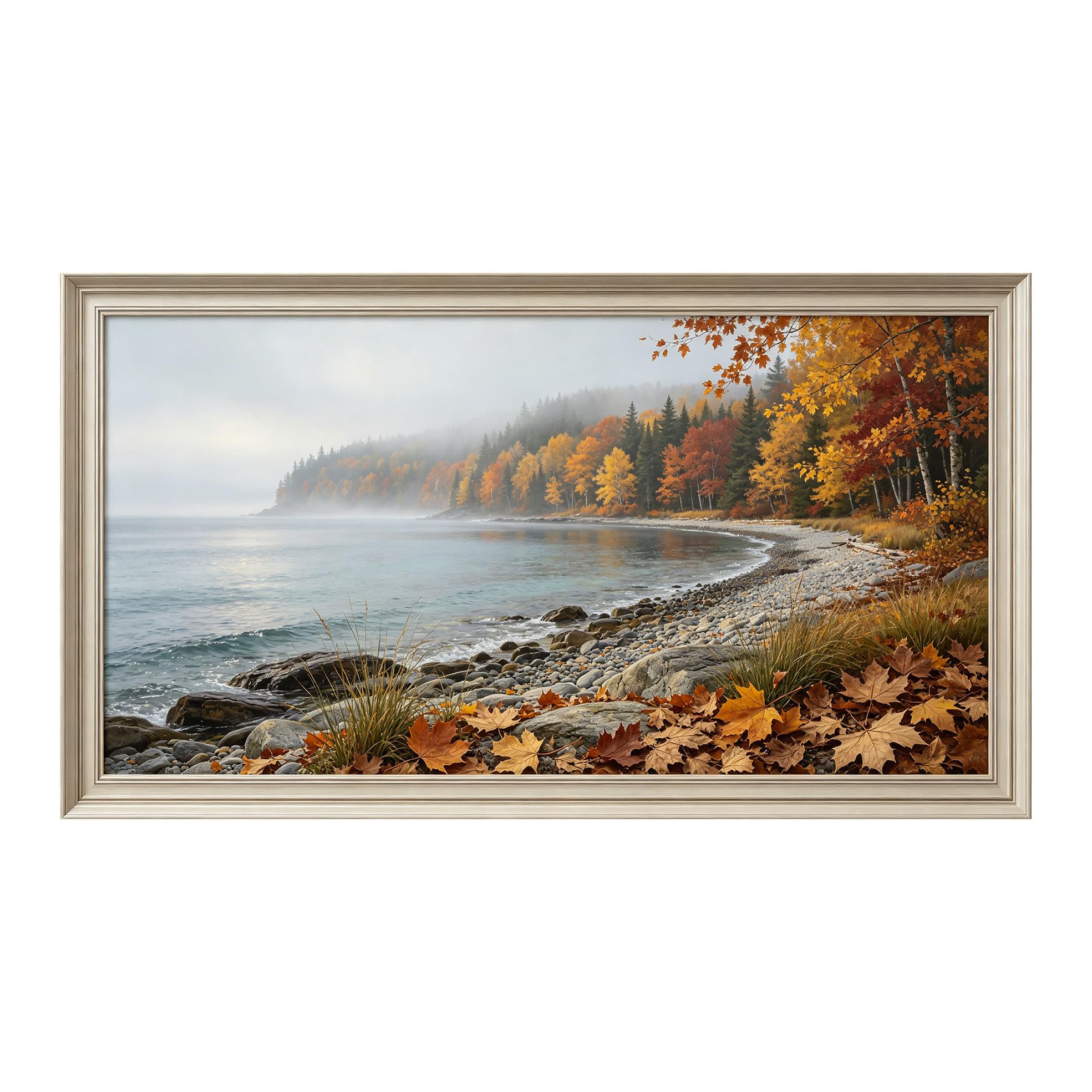 Yzpallescene 3D Framed Wall Art 50cm×100cm Autumn Seascape Coastal Lake Landscape Realistic Oil Painting Large Size SelfAdhesive Removable Wall Decor Prints Artwork for Living Room Bedroom Office