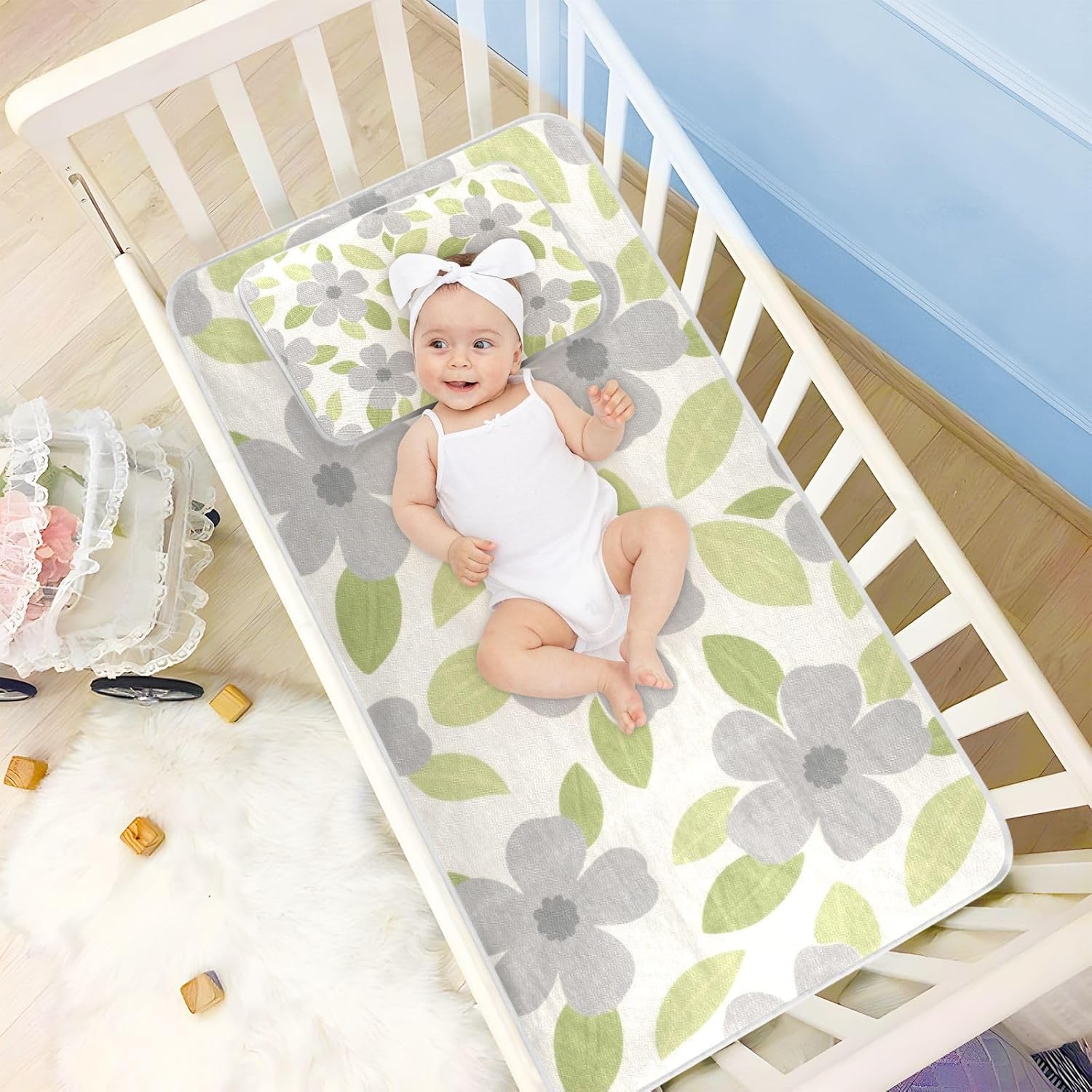 Grey Simple Flowers Cooling Baby Crib Mattress Protector 28" x 52" Breathable Pads Washable Waterproof for Baby&Toddler