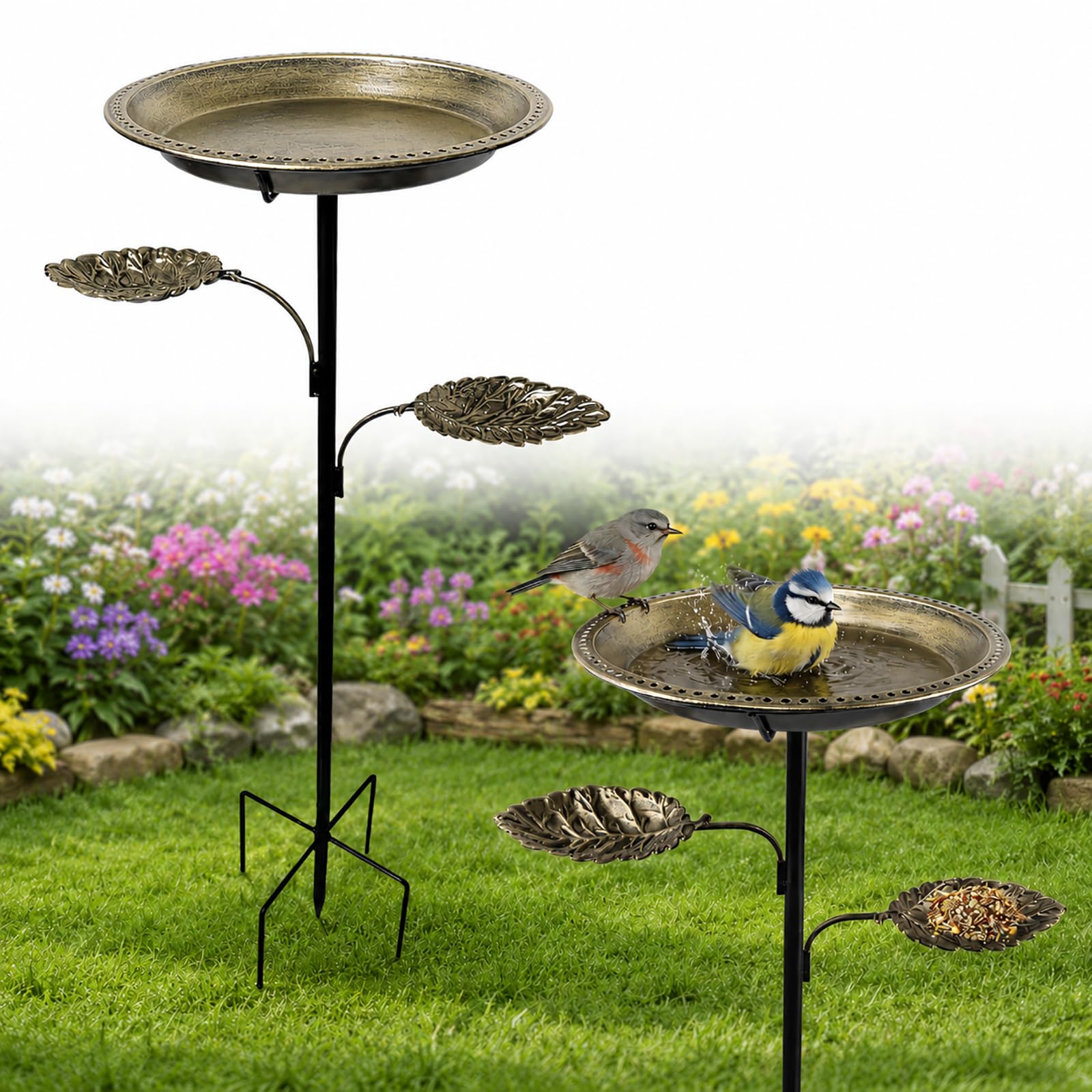 Metall Vogeltränke Stehend, 2 in 1 Vogelbad & Futterschale,Bird Bath für Garten, Vintage Vogeltränke Balkon, Freistehendes Vogelbad Gartenstecker, Wassertränke für Vögel
