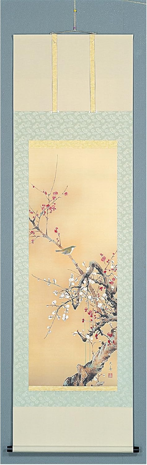 Tokyo Matcha Selection Kakejiku Japanese Hanging Scroll Plum and Nightingale with Paulownia Wood Box