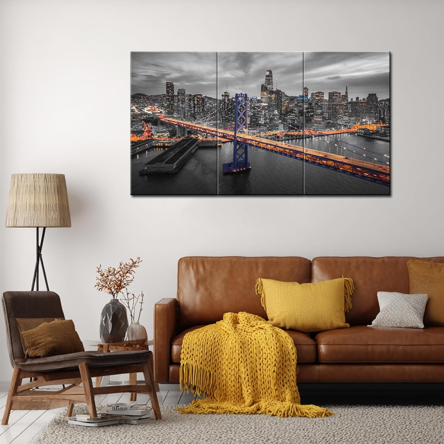 ARNLRDYA US San Francisco Skyline Wall Art Bay Bridge Wall Decor Black and White Painting Canva Print California Scenery Picture Poster Frame Ready to Hang for Room Bedroom Decoration(54x30inch)