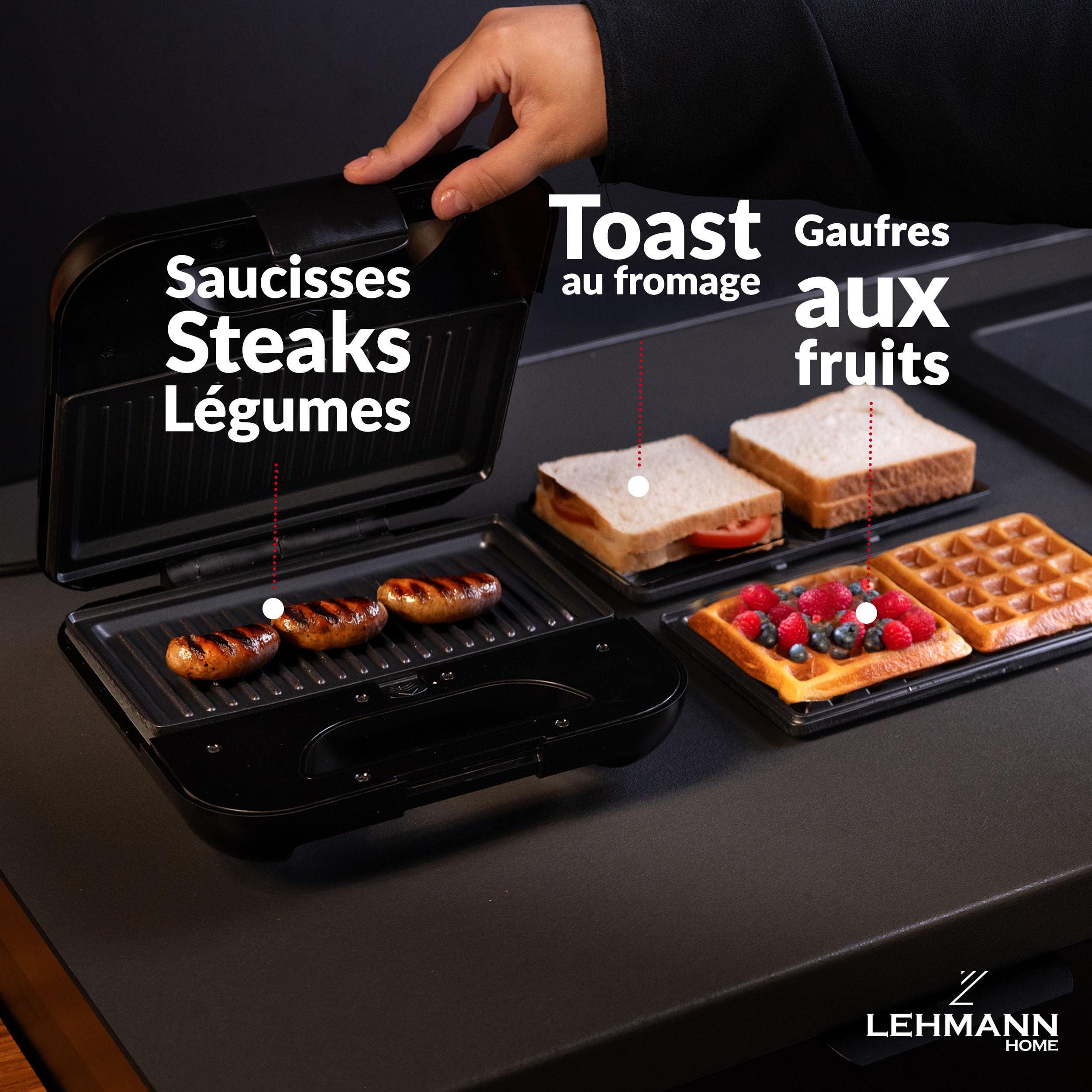 LEHMANN Multifonction Appareil Croque Monsieur 3 en 1 avec Plaques Interchangeables - Gaufrier, Panini Grill, Appareil a Croque Monsieur, Revêtement Antiadhésif, Préparation Rapide
