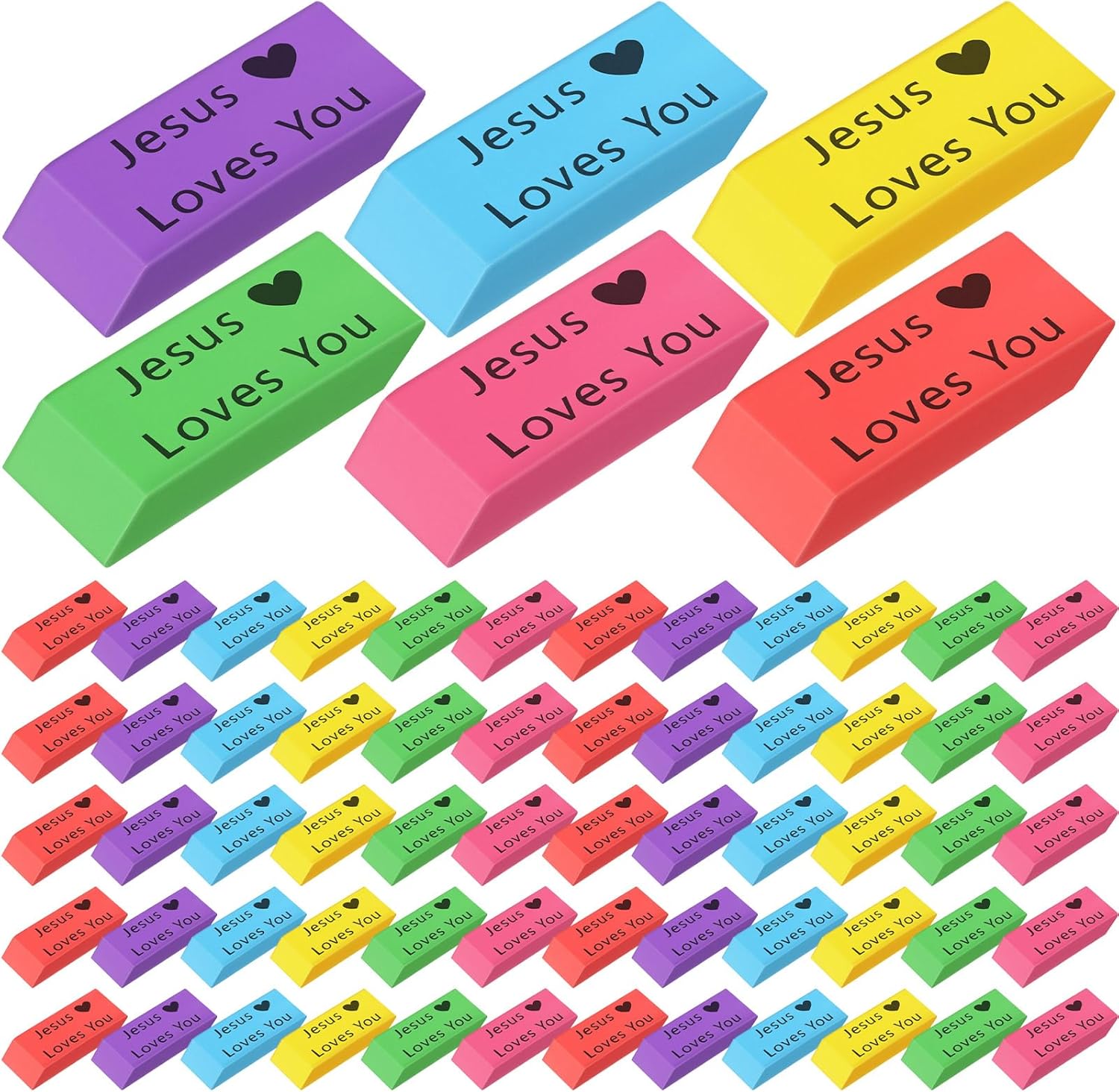 Yaomiao 180 Pcs Bulk Erasers for Kids Pencil Beveled Erasers Colorful Christian Motivational Gifts Bulk for Kids Students Classrooms, Drawing, Back to School (Bright,Jesus Loves You)