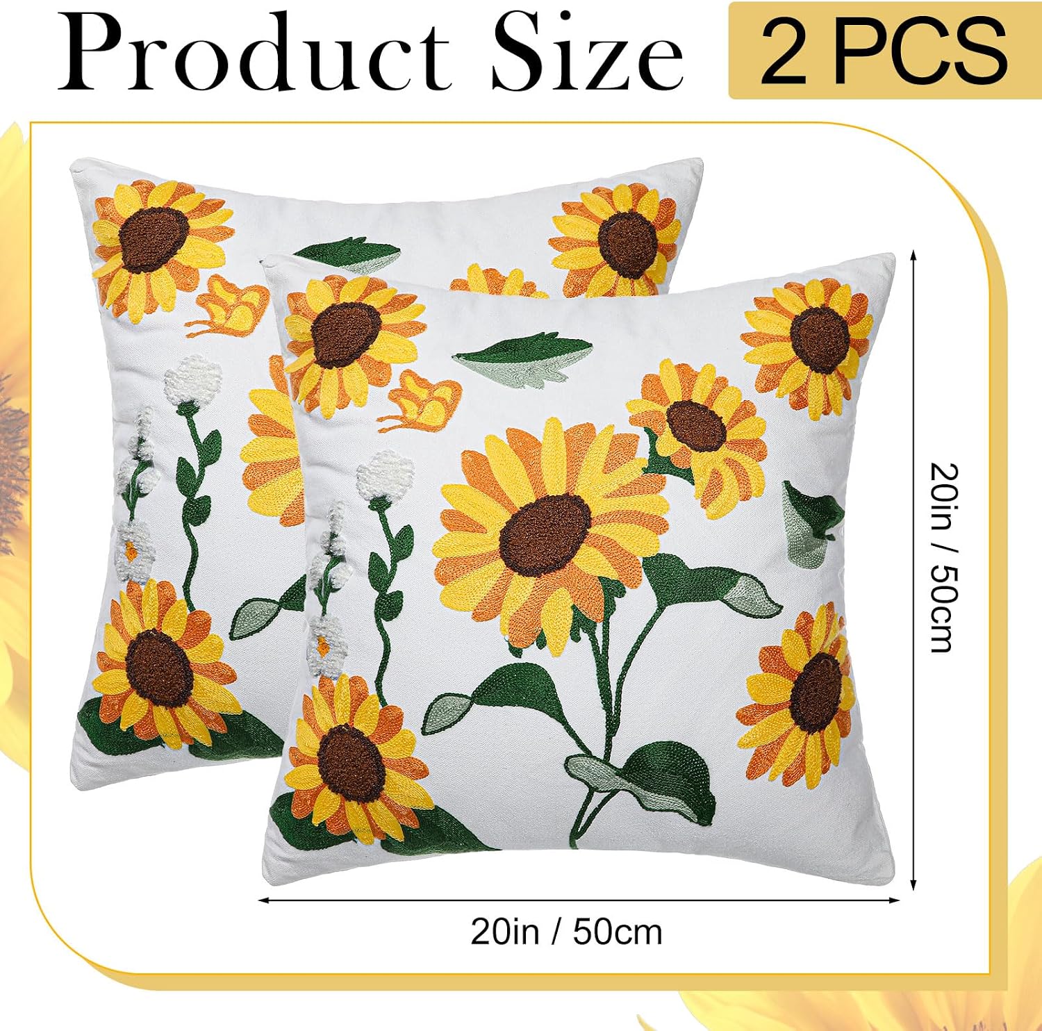 Tranqun 2 Pcs Sunflower Throw Pillow Covers 20 x 20 Inches 3D Embroidered Spring Summer Floral Pillowcase Cushion Pillow Covers for Living Room Farmhouse Couch Sofa Bed Spring Summer Home Decor