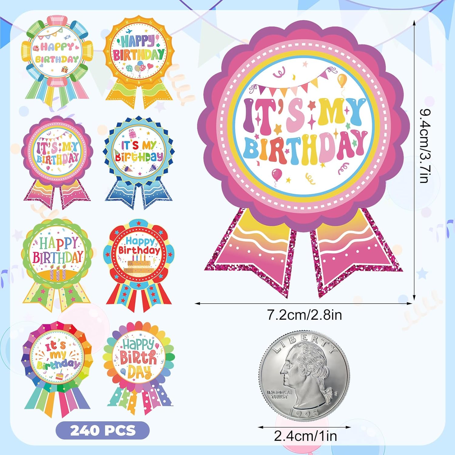 Happy Birthday Badge Stickers, 240 Pcs, 8 Color Designs, 2.6 x 3.7 in | 8 birthday badge designs, easy peel and remove, for kids and adults, party, classroom, gift wrap use
