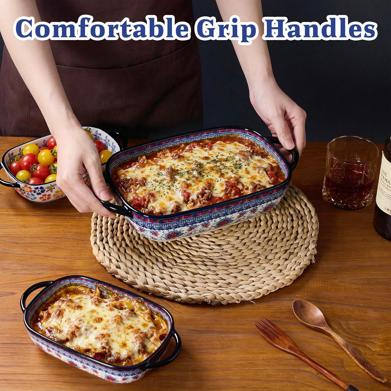 Ceramic Casserole Dishes for Oven, Hand-painted Polish Pottery Baking Dish Set of 2, 0.8QT / 2QT Porcelain Casserole Dishes with Handles, Baking Pan Lasagna Pan, Gift for Family/Friend (Blue)