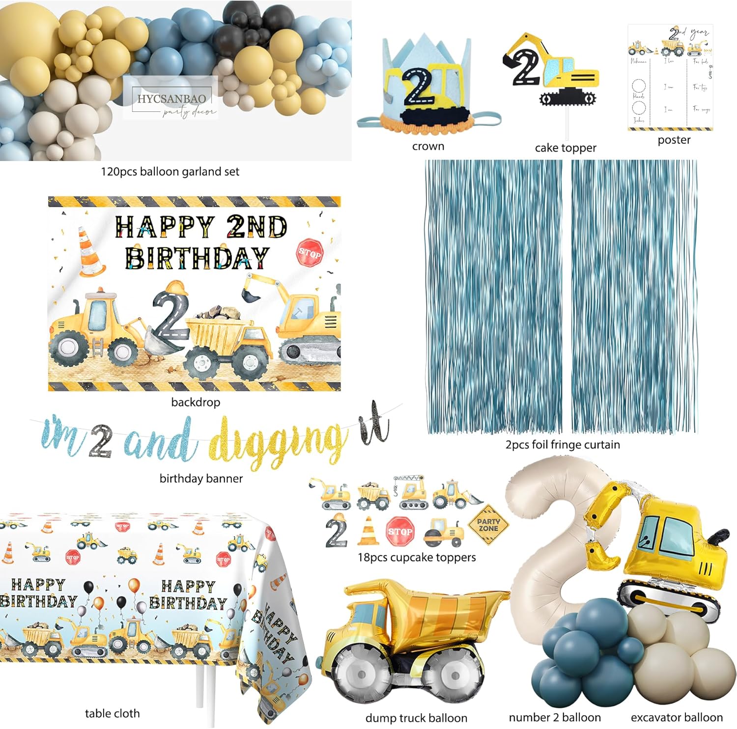 Construction Birthday Party Supplies for 2 Year Old Boy, 2nd Birthday Decorations For Boys, Dump Truck 2nd Bday Backdrop, Cake Toppers, Balloon Garland, Tablecloth, Banner - Image 2