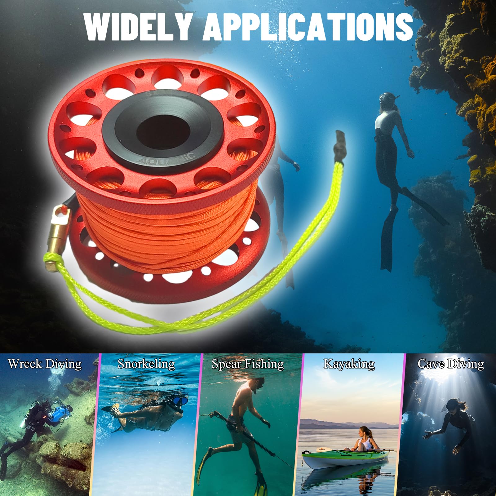 nitescuba Tauchrolle 101FT Finger Reel mit Dive Double-Ended Bolt Snap Clip Aluminium Scuba Dive Finger Spule Spule Reel für Schnorcheln Tauchen Angeln (Rot)
