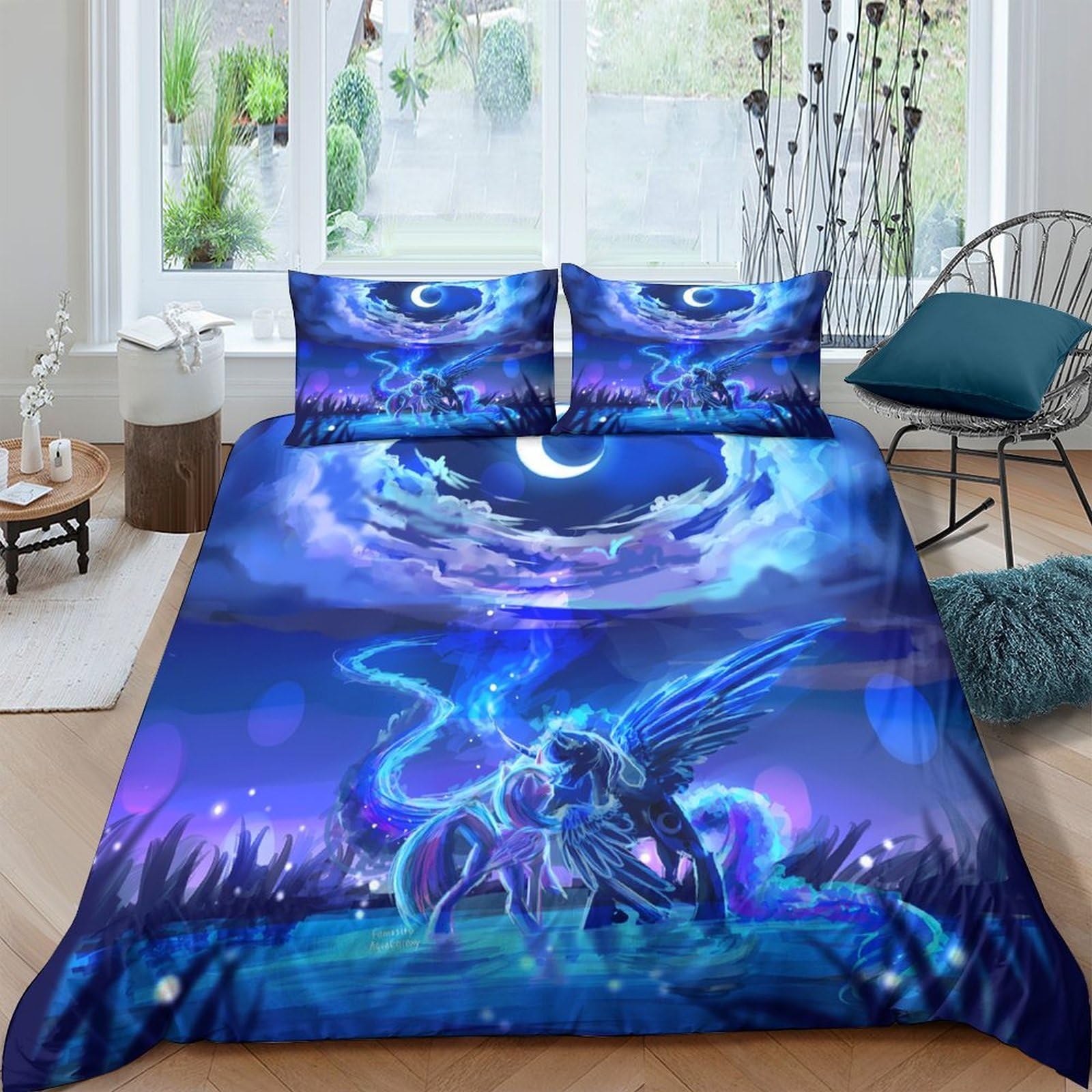 Ctjqhvkz Style-2 3D Printed Moon Night Sky Fitted Sheet Microfiber Soft Blue Pegasus Mattress Cover For Bedroom Dorm Mattress Decor Single（135X200cm）