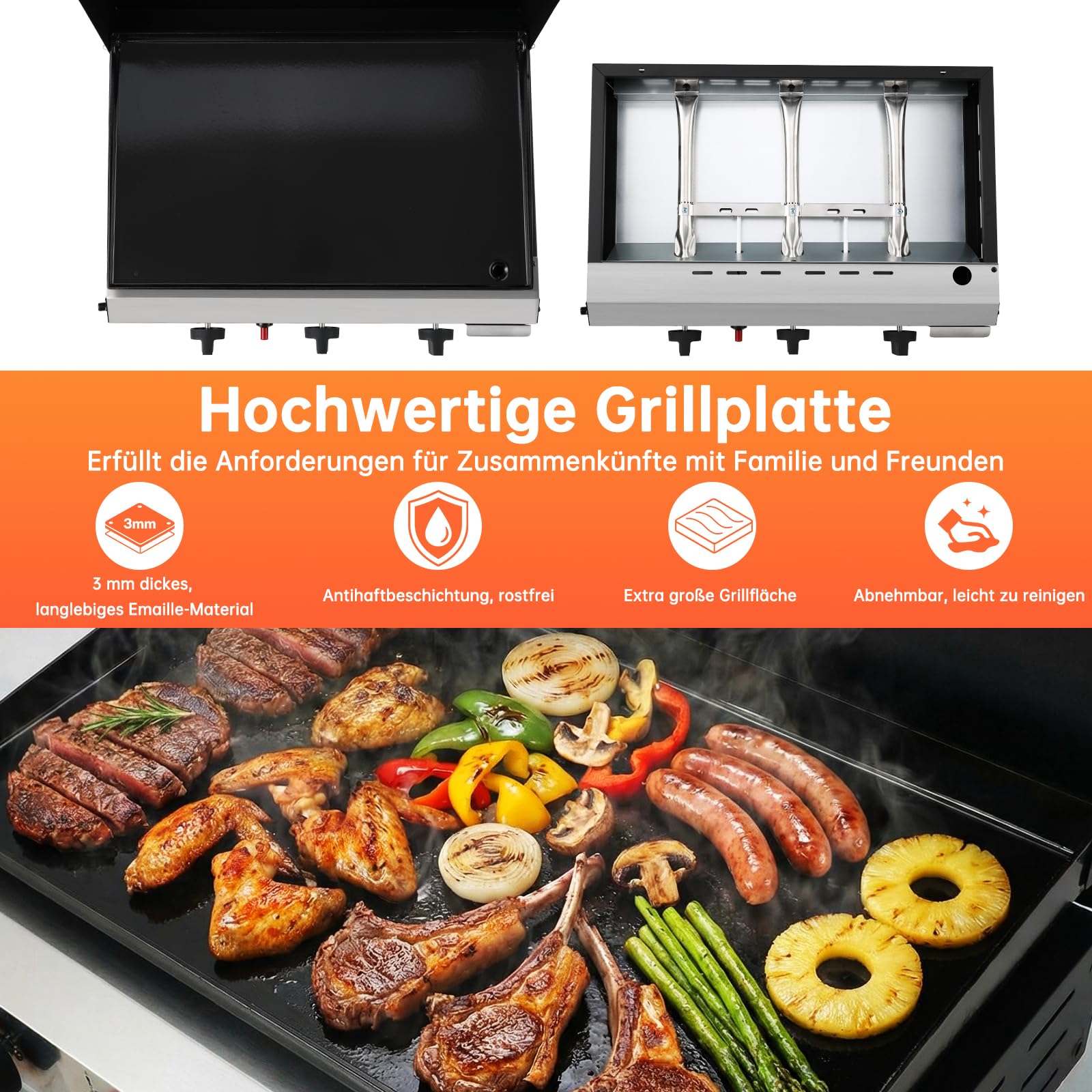 LIFERUN Tragbarer Tischgrill mit 3 Edelstahl-Brenner,Kompakter Gasgrill mit Deckel 7.2KW,Campinggrill mit Keramische Lackbeschichtung Grillplatte(58×35cm),Balkongrill für Terrasse,Garten,Picknick BBQ