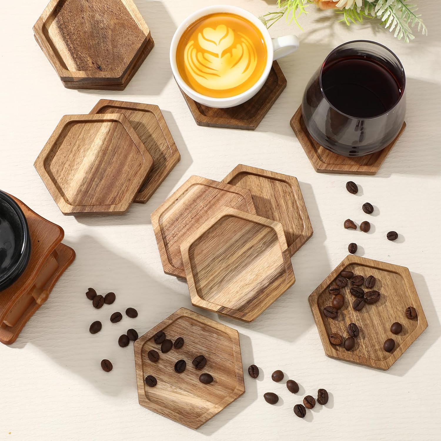 Zhehao 16 Pcs Acacia Wood Coasters Bulk 4 Inch Wooden Stackable Reusable Drink Coasters for Coffee Tea Table Protection Table Bar Home Desk Supplies Housewarming Gifts(Hexagon) - Image 5