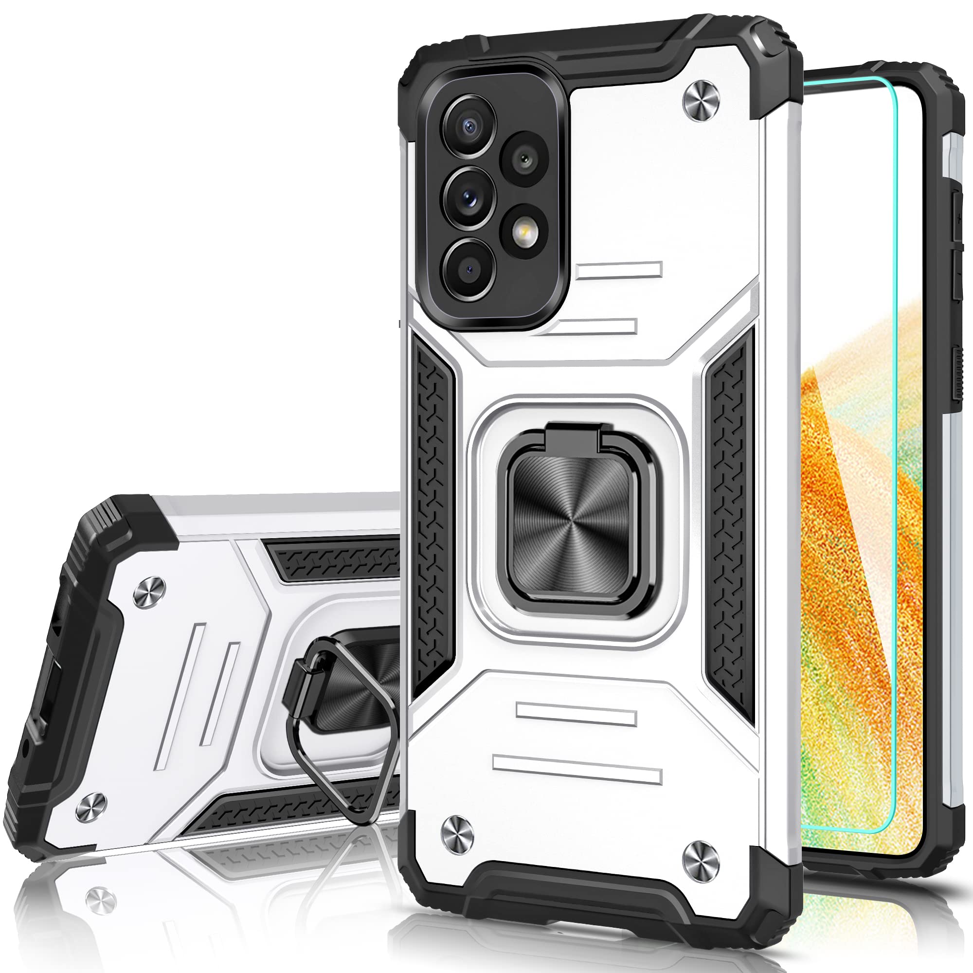 Honeyview ShockProof Case for Samsung Galaxy A33 with Ring Kickstand, Bumper Armour Phone Cover for Samsung Galaxy A33 - Silver White