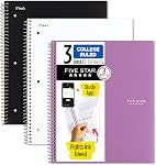 Five Star Spiral Carnet + App. d'étude 3 Faites votre valise, 3 Sujet, Feuillet de règles du collège, Saigne d'encre de combat, Couverture résistante à l'eau, 8-1/2" x 11", 150 Feuilles noires, blanches, violettes (820192)