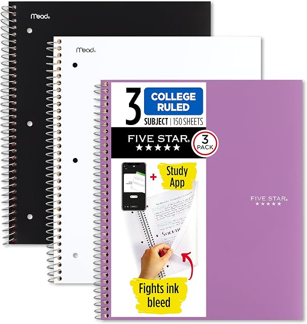 Five Star Spiral Carnet + App. d'étude 3 Faites votre valise, 3 Sujet, Feuillet de règles du collège, Saigne d'encre de combat, Couverture résistante à l'eau, 8-1/2" x 11", 150 Feuilles noires, blanches, violettes (820192)