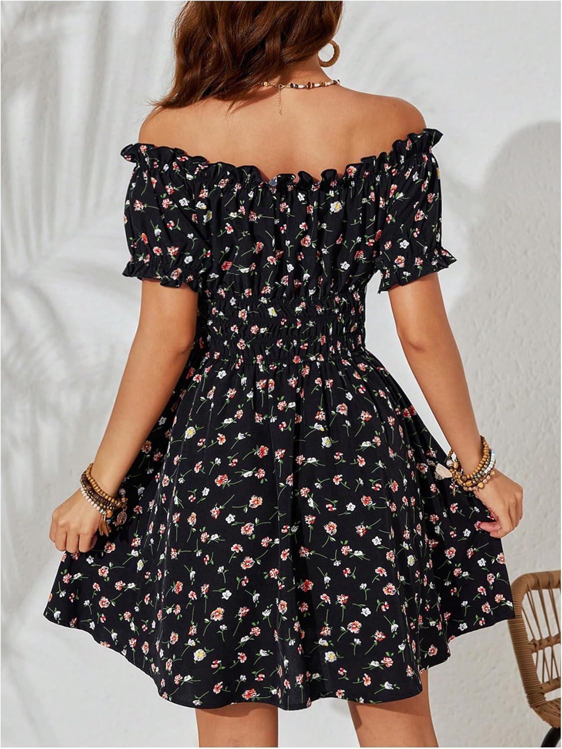 Milumia Women's Floral Off Shoulder Puff Sleeve Short Dress Boho Frill Trim A Line Mini Dresses - Image 3