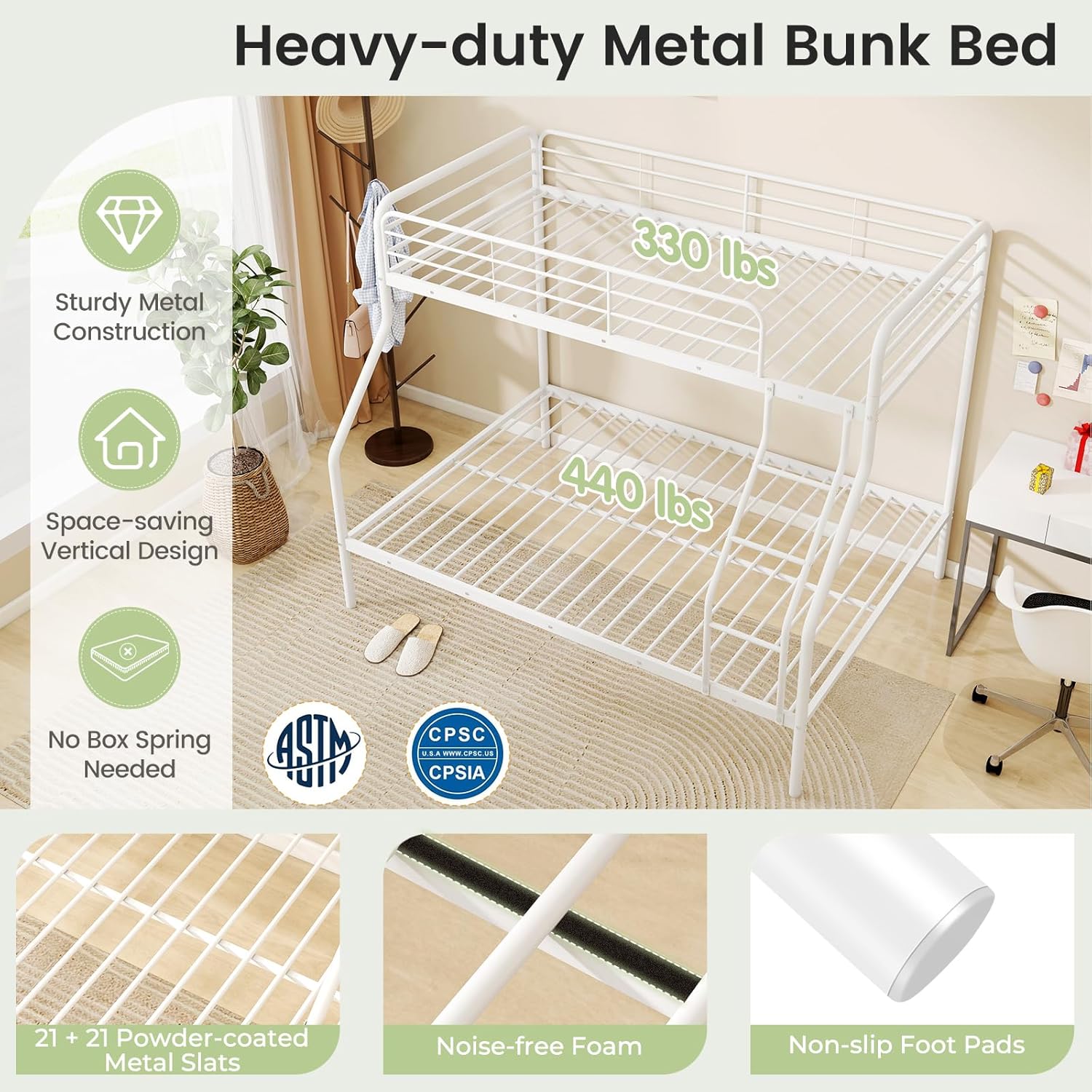 Bunk Beds Twin Over Full Size, Metal Bunk Bed Frame with Ladder & Safety Guardrail, Heavy Duty Bunkbeds for Kids Teens Adults Dorm Bedroom Guest Room, Space-Saving, No Box Spring Needed