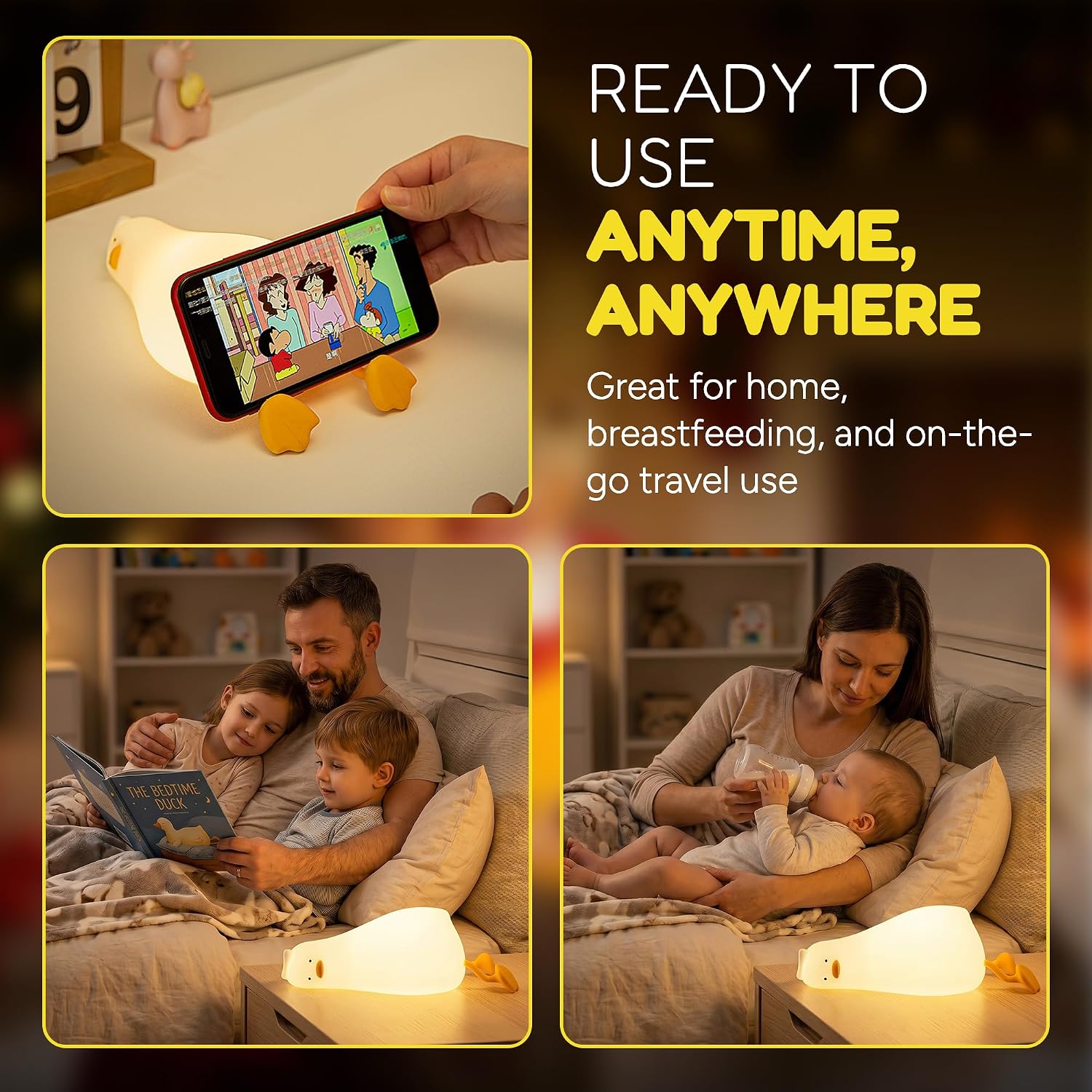 Cute Lying Duck Night Light for Kids, Silicone Baby Nursery Night Light, Rechargeable Touch Lamp with Timer & Dimmable Warm Light for Bedroom Decor, Cute Animal Lamp