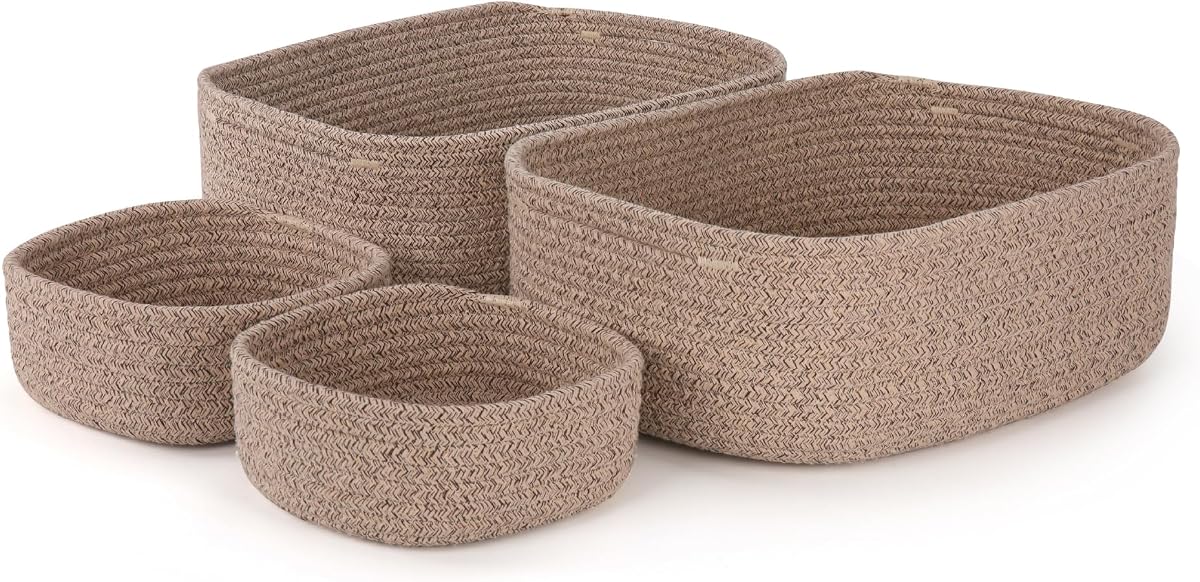 4-Pack Large Woven Rope Storage Baskets, 2 Sizes Organizer Bins | Fabric Cube Boxes and Rectangular Shallow Bins for Closet, Shelf, Bookshelf, Nursery, Changing Table, Bathroom, Toys & Home