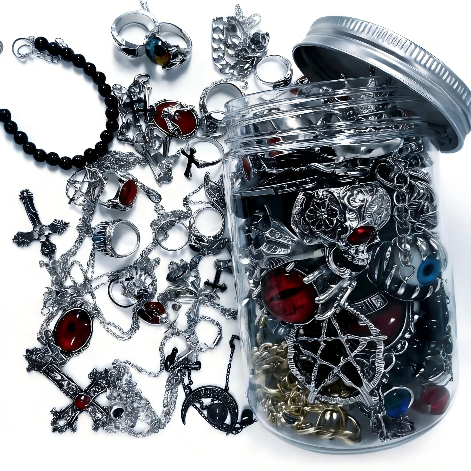 Mystery Jewelry Jar - 35 Pieces Gothic Surprise Jewelry Box Includes Necklaces, Earrings, Rings and Bracelets, Alternative Jewelry Set as Perfect Witchy Gifts for Women