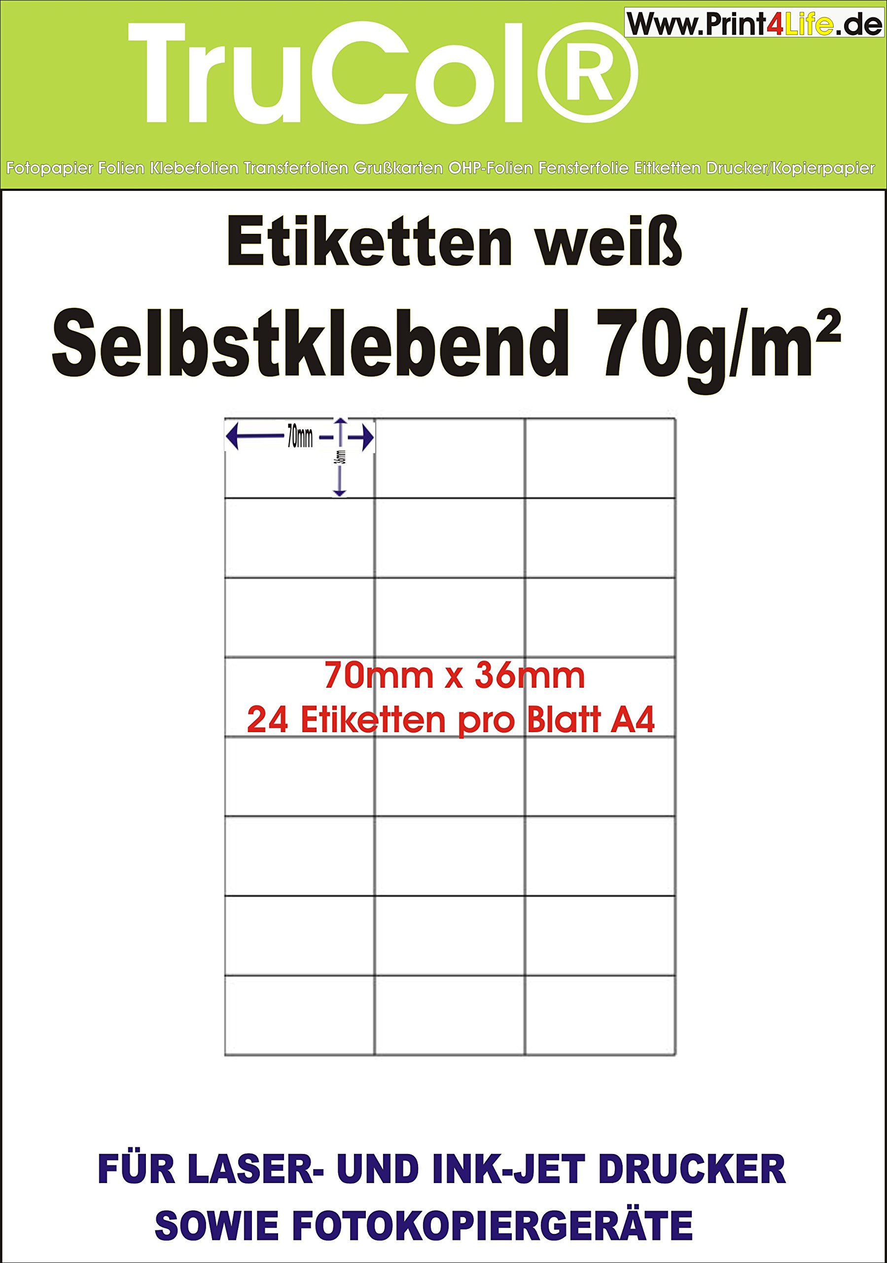 24 000 uniwersalnych etykiet, 70 x 36 mm, naklejki na segregator, etykiety adresowe, etykiety internetowe, białe, DIN A4, 1000 arkuszy A4, uniwersalne zastosowanie do drukarek laserowych/atramentowych/kopiarek