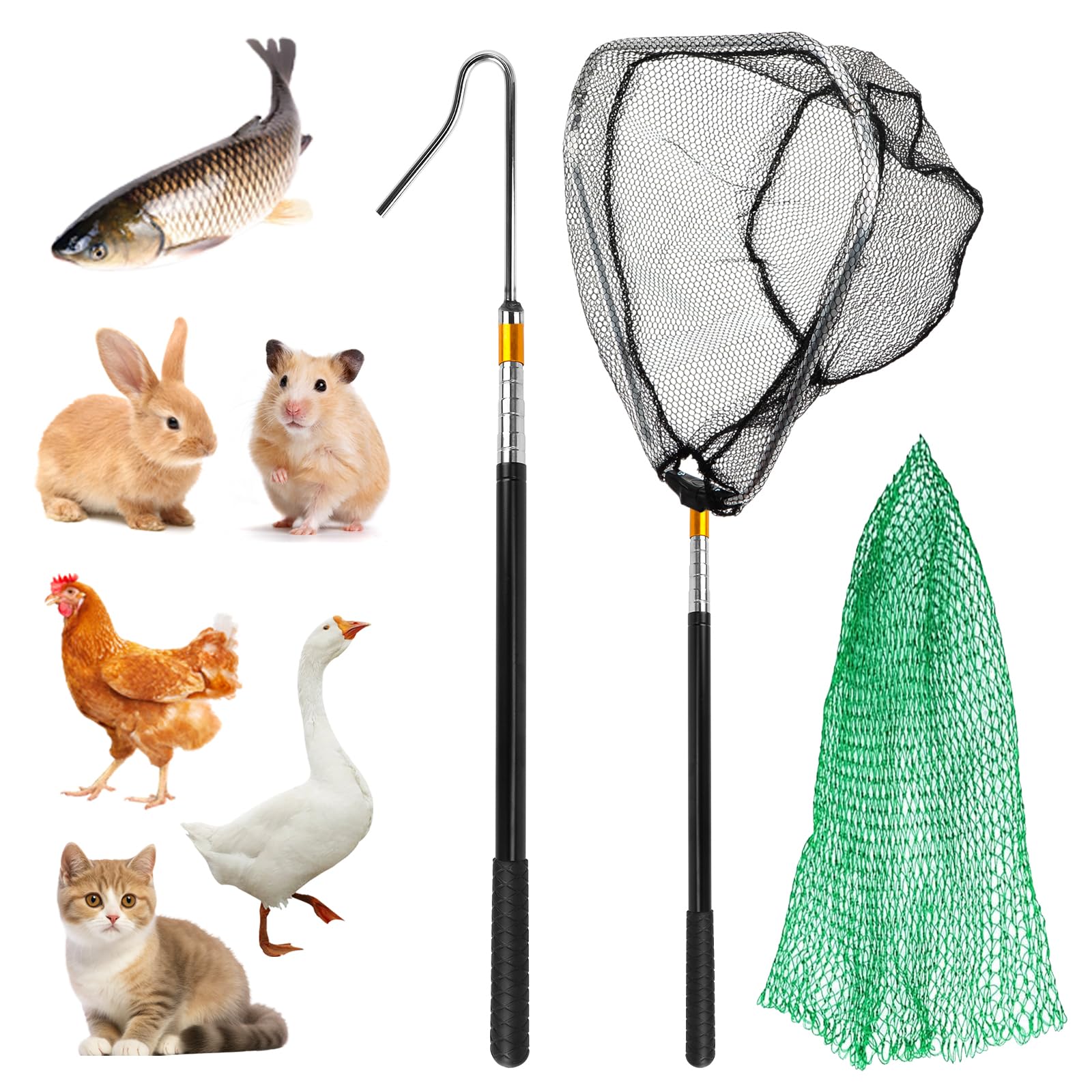 5 Stücke Geflügelkescher, Dehnbar Geflügel Fangnetz, Abnehmbar Hühner Kescher Fangnetz(2-in-1), Geflügel net, mit Beinhaken, 2 Stangen Teleskopnetz, Für Enten, Gänse, Puten, Katzen, Fische