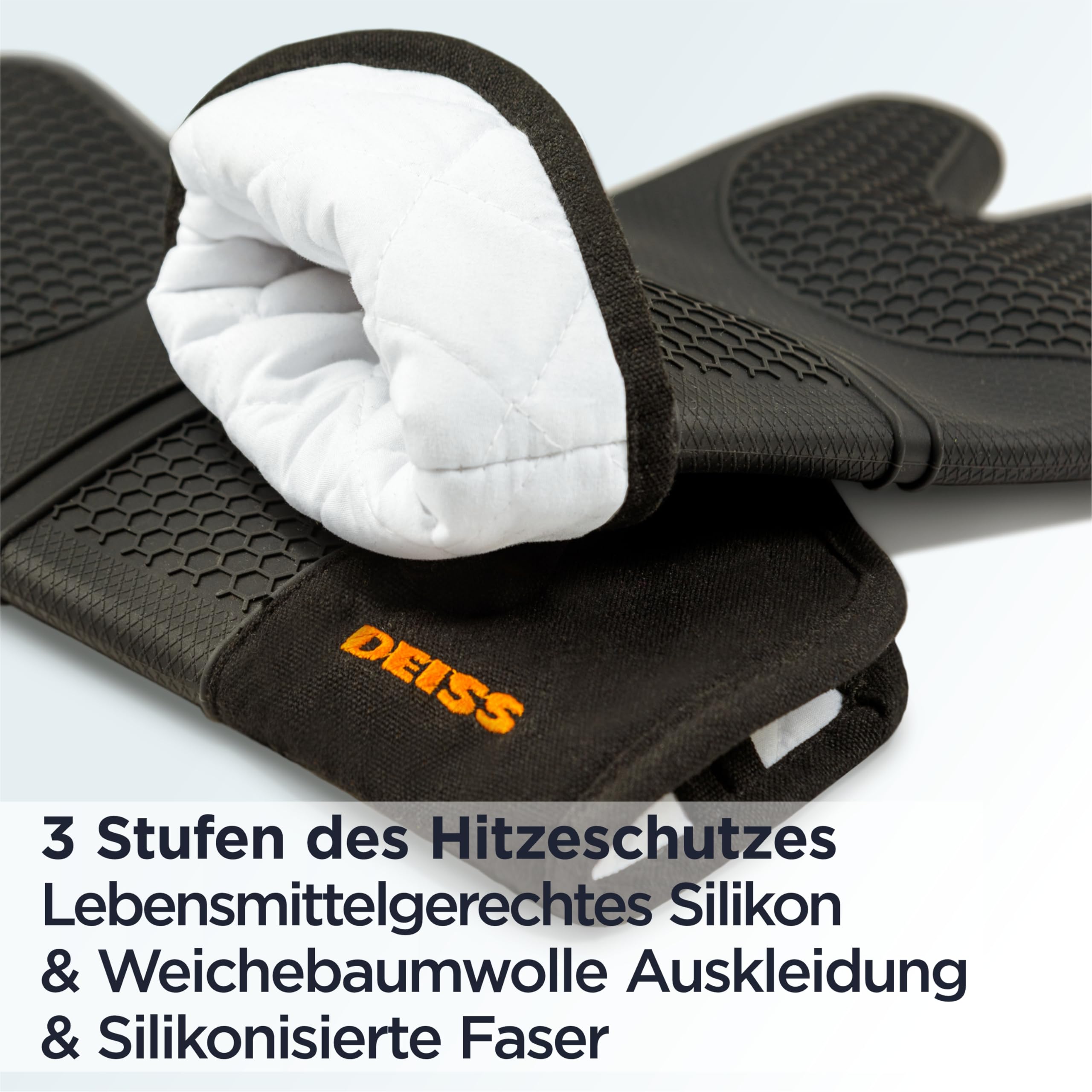 Deiss PRO Hitze- und schmutzabweisendes Silikon-Ofenhandschuh-Set, weiche, baumwollgefütterte Grillhandschuhe, wasserdicht, extra Lange, Flexible, Dicke Küchenhandschuhe zum Kochen