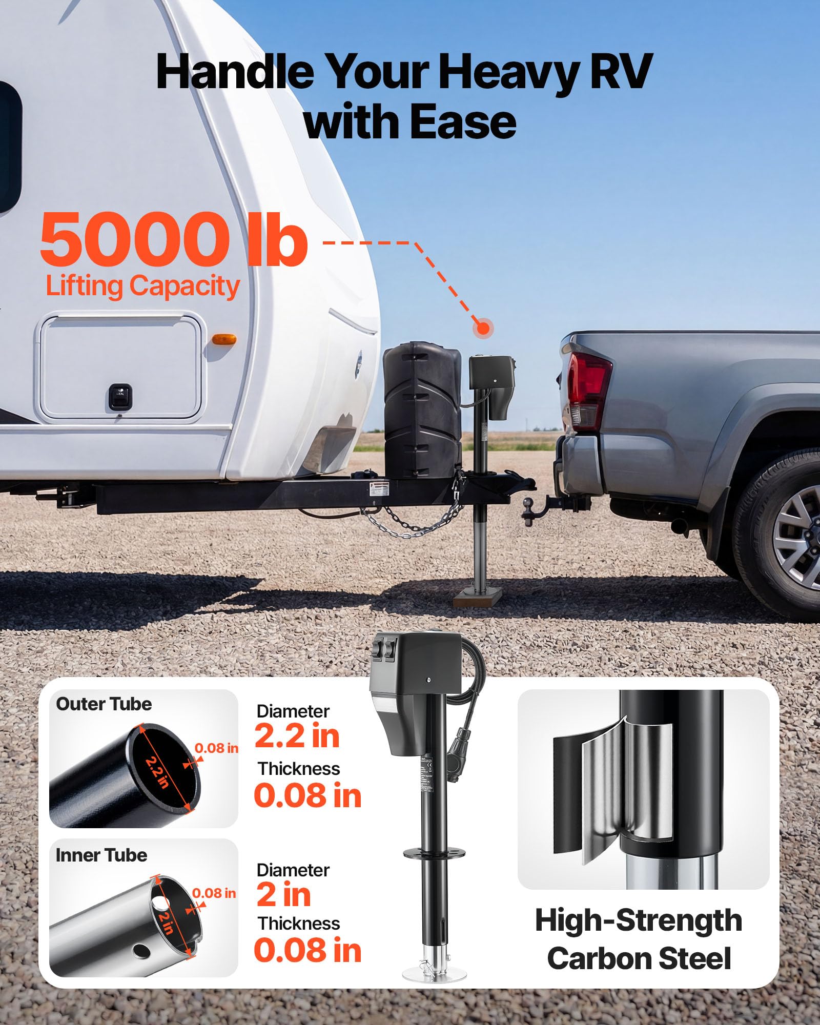 VEVOR Cric Remorque Électrique Charge 2268 kg Cric Électrique de Camping-Car Plage Levage 230-686 mm pour Caravanes Camping-cars, avec Connecteur à 13 Broches, Housse Étanche, Éclairage LED, 12 V CC
