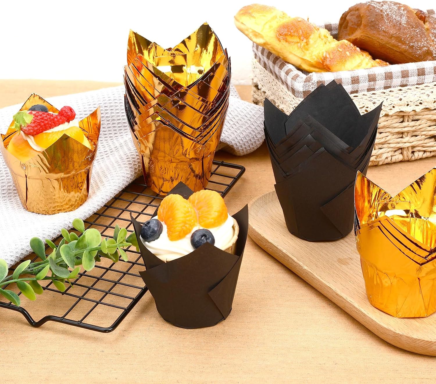 Augshy Muffin Liners, 60 Pcs Black Gold Tulip Cupcake Wrappers for Baking image 3