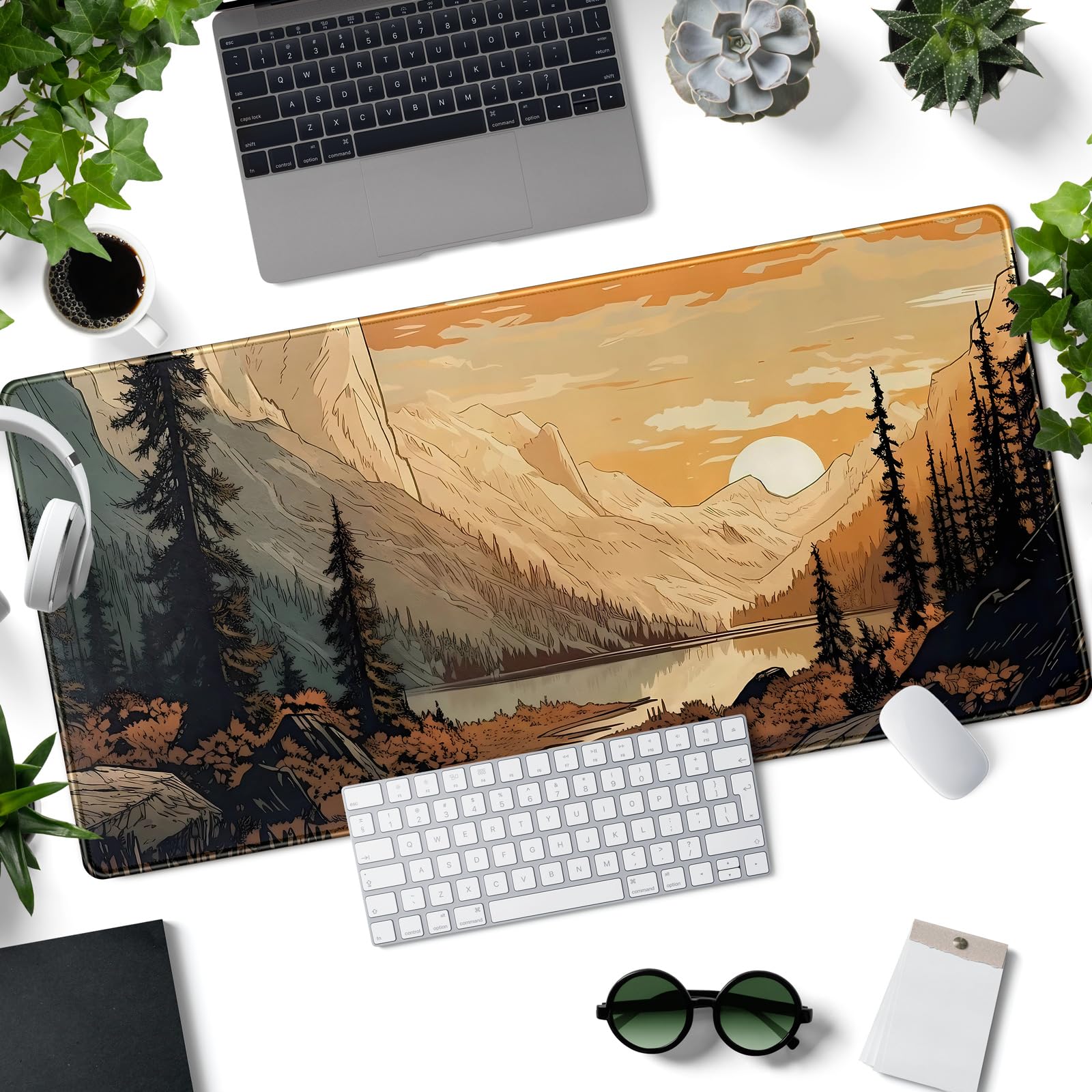 Tapete de escritorio con diseño de montañas de puesta de sol, tamaño XXL, extendido, para juegos, paisaje, grande, para computadora, laptop, escritorio, teclado, decoración de escritorio, 31.5 x 15.7