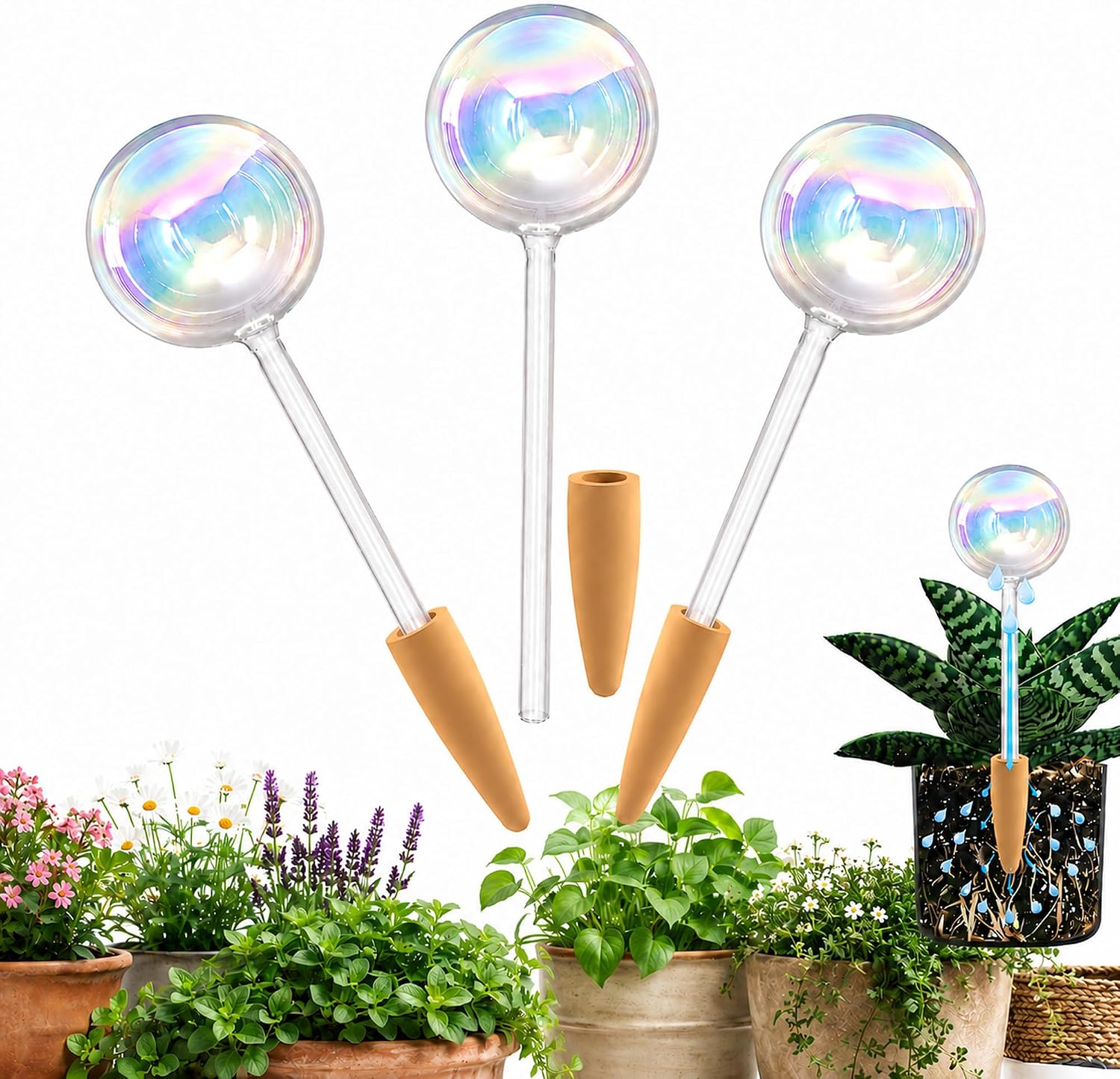 HyJeryty Non-Clogging Iridescent Ball Plant Watering Globes with Terracotta Spikes, Hand Blown Glass Self Watering Planter Insert, Watering Bulbs for Indoor Small & Medium Potted Plants (3 Pack)