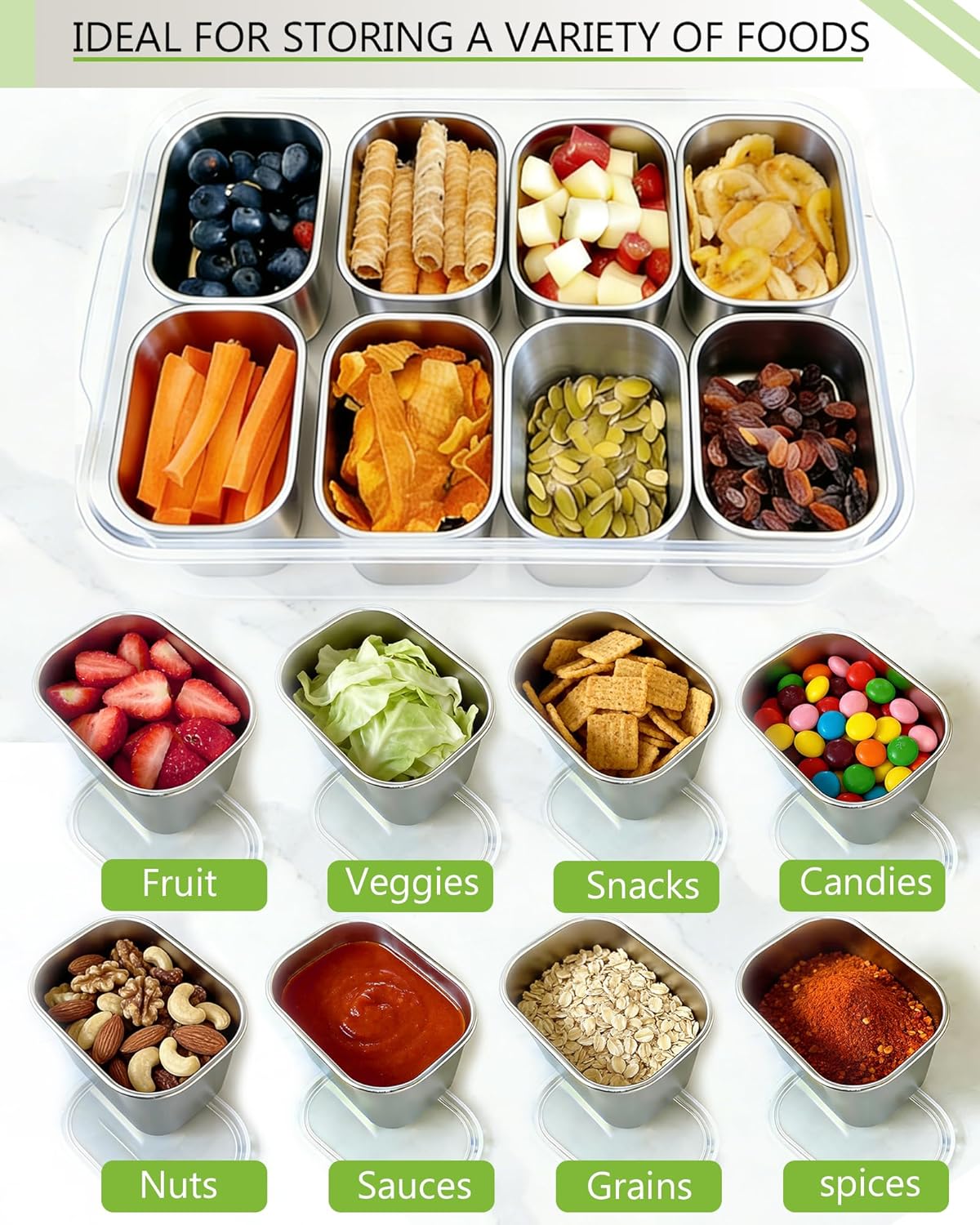 Snackle Box Container, Stainless Steel Divided Serving Tray with Lid and Handle, Large Snack Tray for Fruit Veggie Candy, 8-Compartment Snack Platter for Travel Party Beach Picnic - Image 6