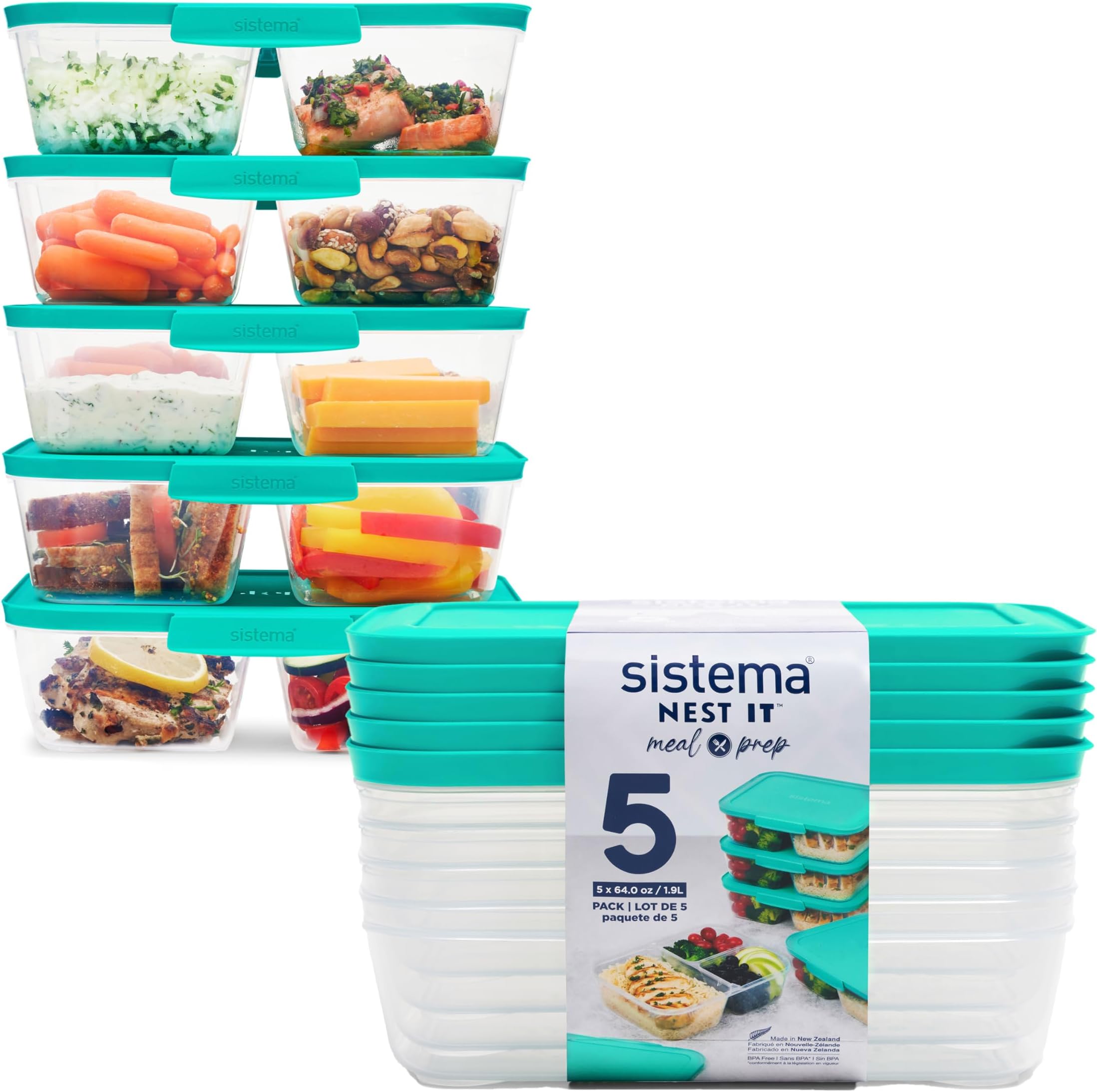 Sistema NEST IT Meal Prep Containers 1.9 L Airtight Food Storage with Compartments & Lids BPA Free Green 5 Count, White, 59175