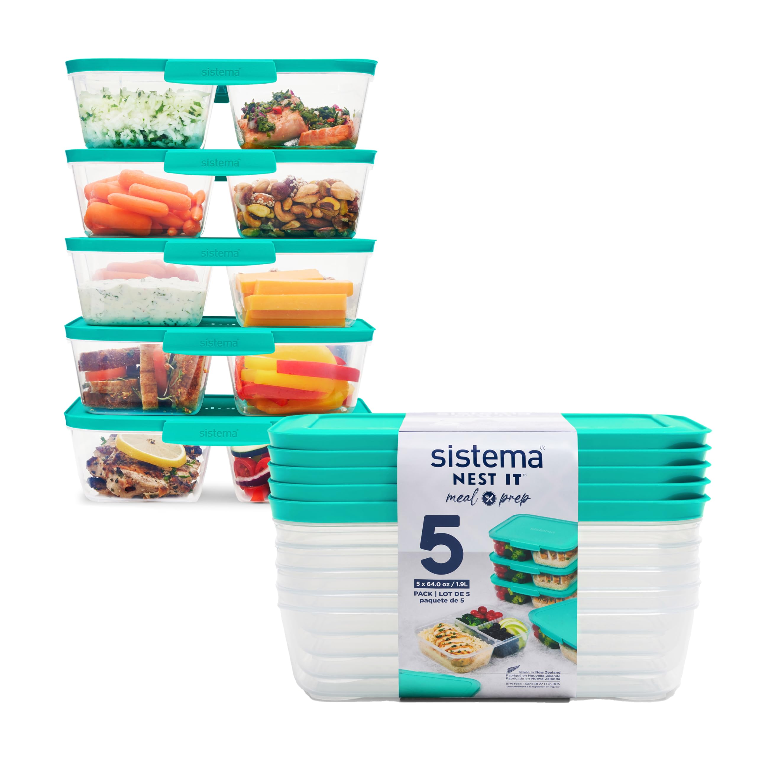 Sistema NEST IT Meal Prep Containers | 1.9 L | Airtight Food Storage Containers with Compartments & Lids | School Lunch Boxes | Green | 5 Count