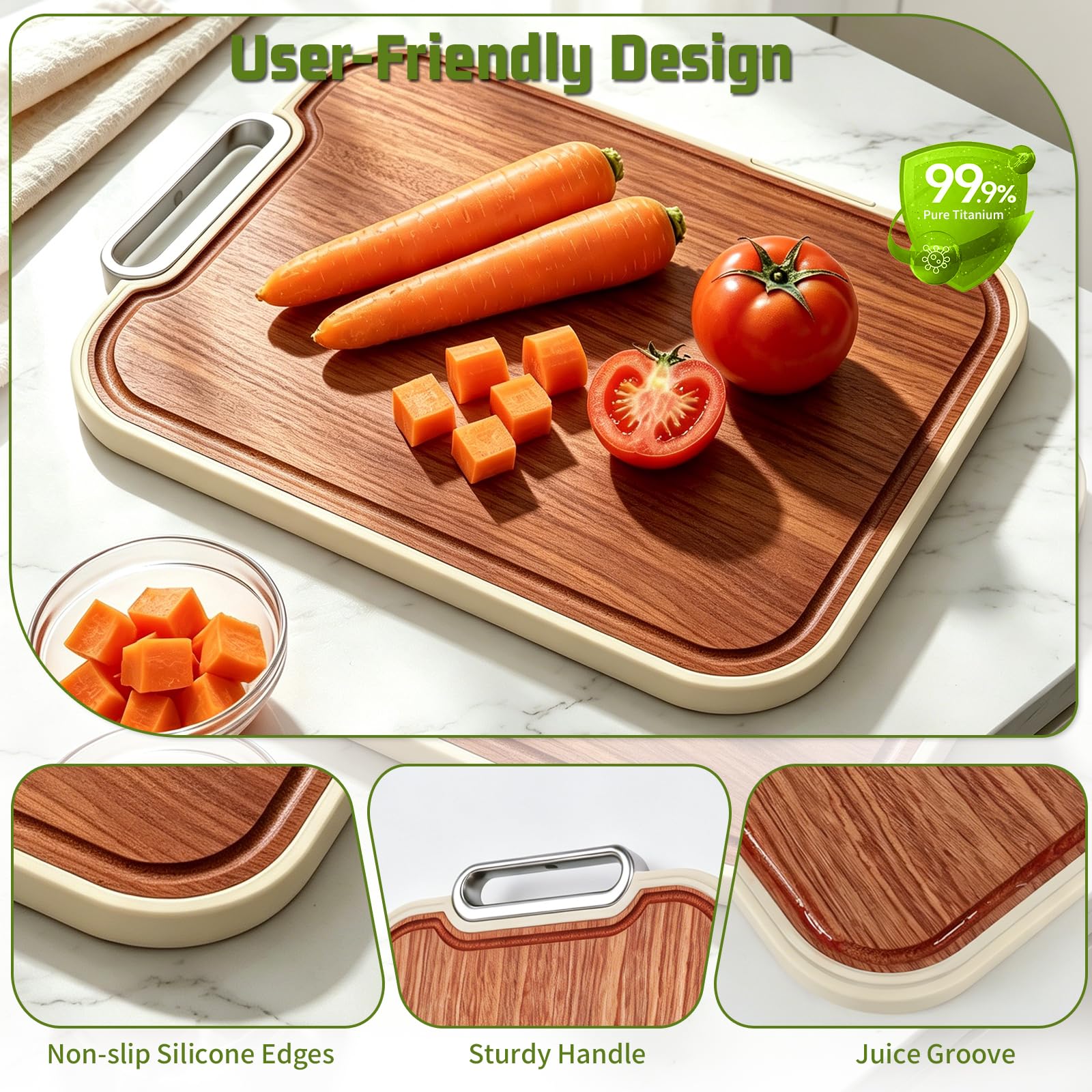 2 en 1 Planche a Decouper en Titane & Bois - Planche à Découper avec Rainure À Jus - Antidérapante & Antibactérienne,Planche à Découper de Cuisine pour Viande,Légumes,Fruits (Titane + Bois)