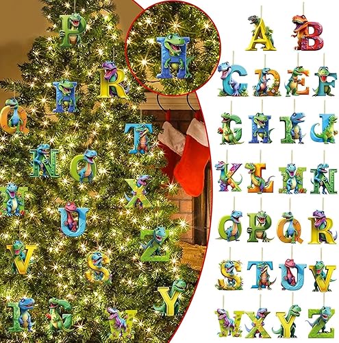 Miniatura 4 de Adornos de dinosaurio de Navidad con dije de dibujos animados de 26 letras, figuras de dinosaurio de acrílico, regalo colgante para árbol de