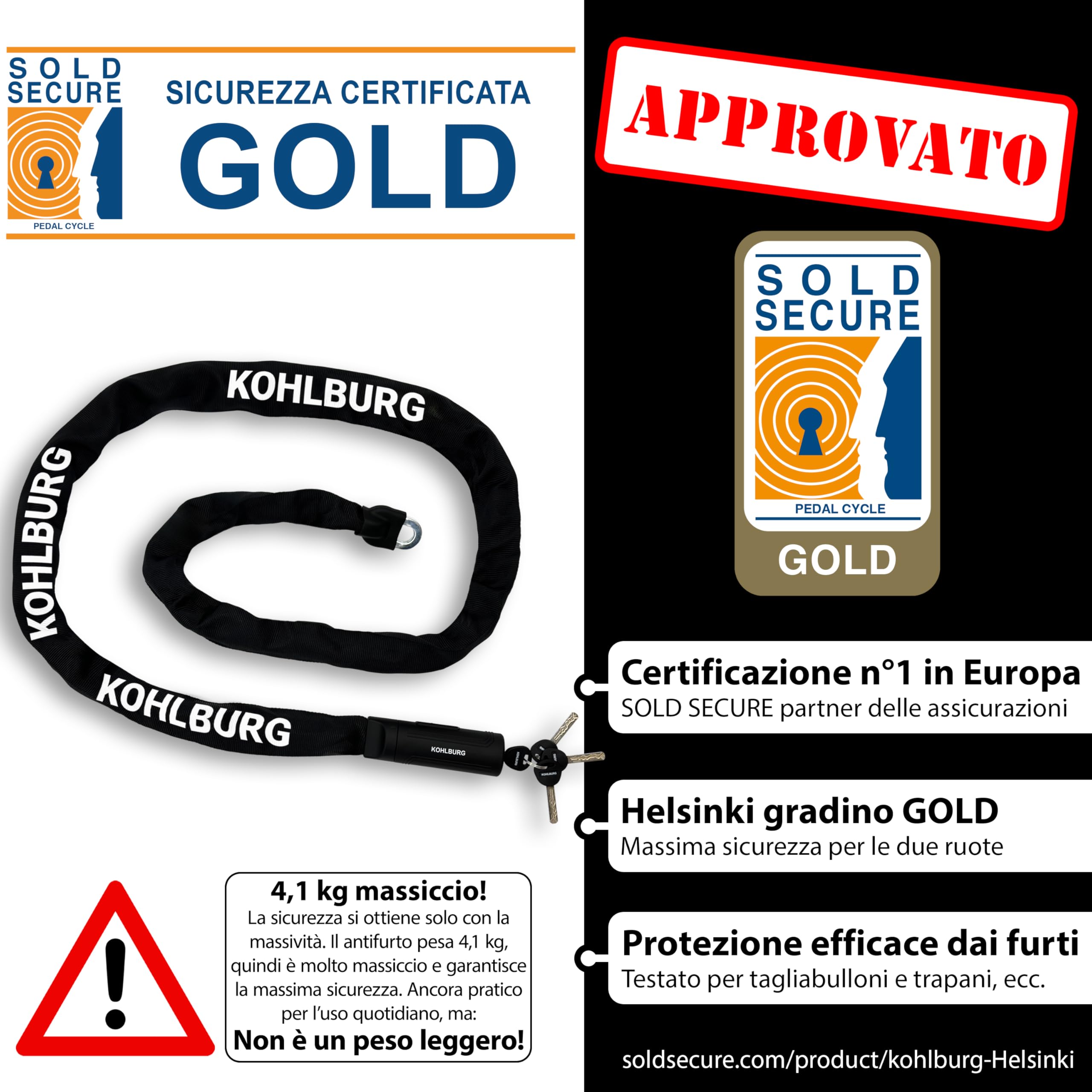 KOHLBURG 200cm Catena antifurto di sicurezza con catena quadrata da 8,3 mm in acciaio speciale, 2 metri extra lunghi, antifurto per bici sicuro da 2m di lunghezza, 4 chiavi per e‑bike, bici e moto