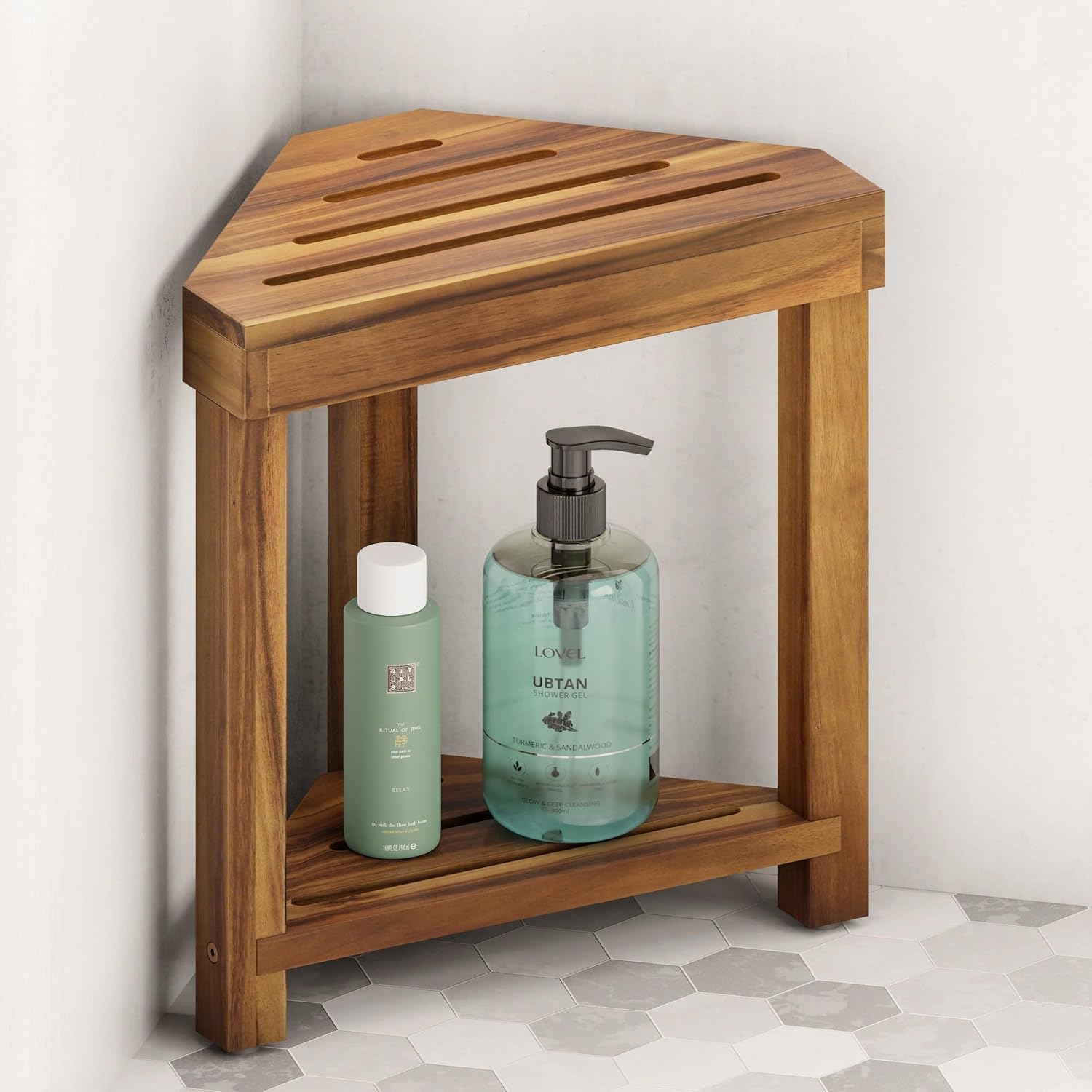 BLUEWEST 16.4" Shower Foot Rest, Corner Shower Stool, Wooden Shower Foot Stool for Shaving Legs Inside Shower, Waterproof Shower Foot Rest with Storage Shelf for Small Shower Space, Shower Seats