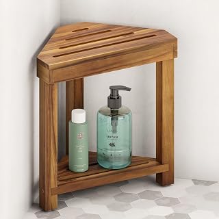 BLUEWEST 16.4" Acacia Wood Corner Shower Foot Rest Stool with Storage Shelf - Waterproof, Non-Slip for Shaving Legs in Small Showers