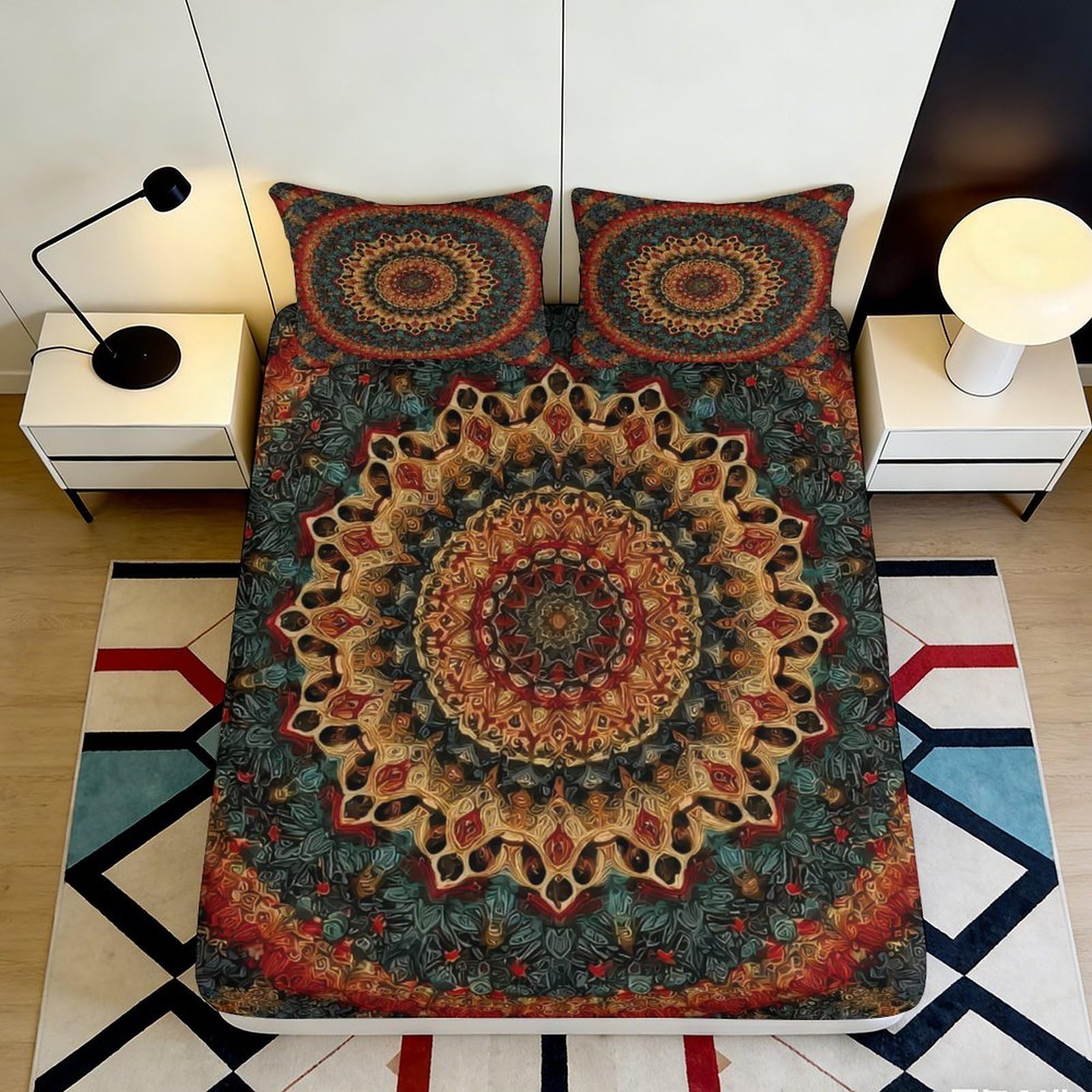 Rqzkjxnhpf Style-2 3D Printed Mandala Microfiber Fitted Sheet Deep Pocket Non-Slip Mandala Mattress Fitted Cover Bedroom Bedding For Adults 200X200x25cm 90X200x25cm