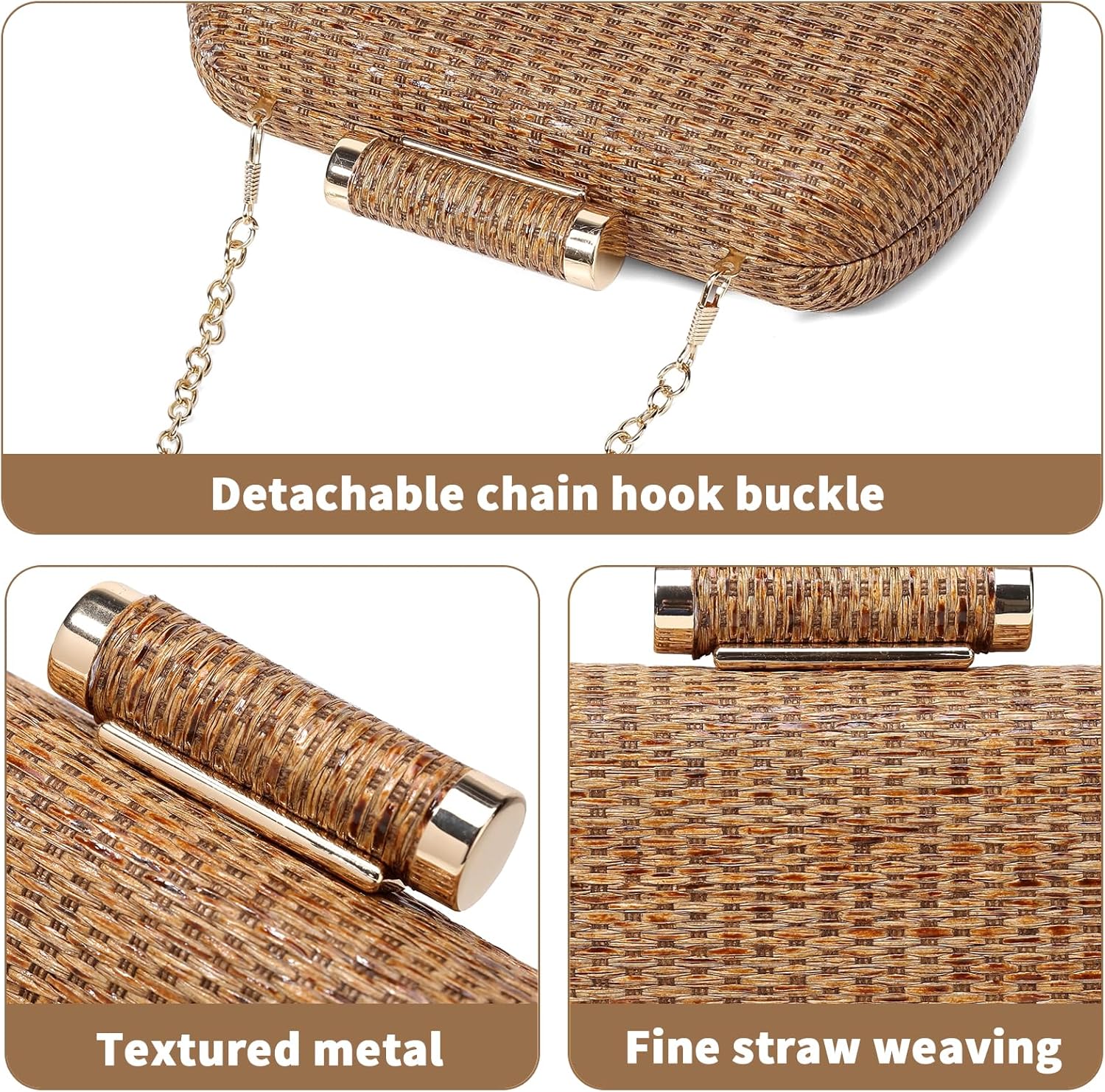 Straw Clutch Purse for Women, Hand-Woven Wicker Evening Handbag, Raffia Party Wedding Beach Bag for Summer - Image 7