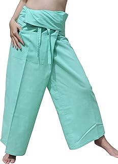 RaanPahMuang Brand Light Summer Cotton Thai Plain Fisherman Wrap Pants, Small, Magic Mint Green