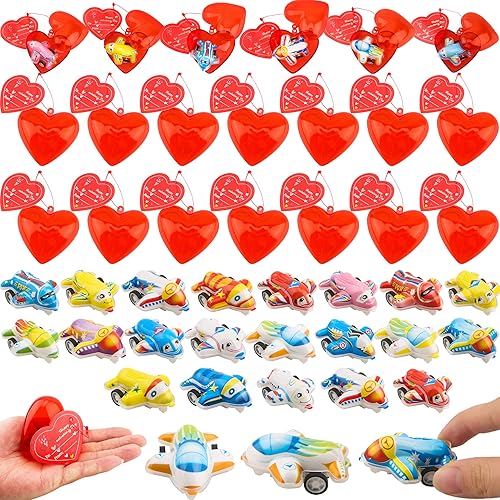 Fahacop Juego de 36 juguetes para el día de San Valentín para niños miniaviones de tracción caja de corazones precargados con tarjetas de San