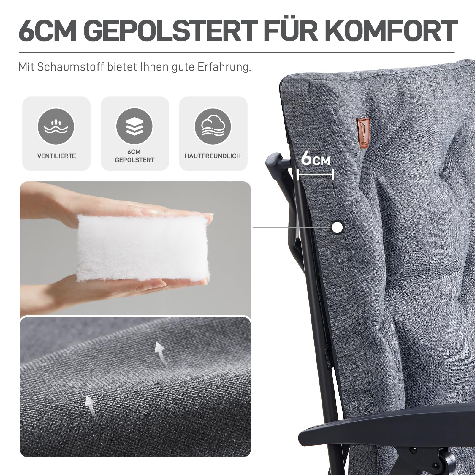 EVER ADVANCED Campingstuhl Faltbar Rückenverstellbar in 4 Positionen bis 150 KG Klappstuhl 6cm Dicke Gepolstert mit Seitentasche Getränkhalter Gartenstuhl Hohe Lehne Angelstuhl für Camp Garten Balkon