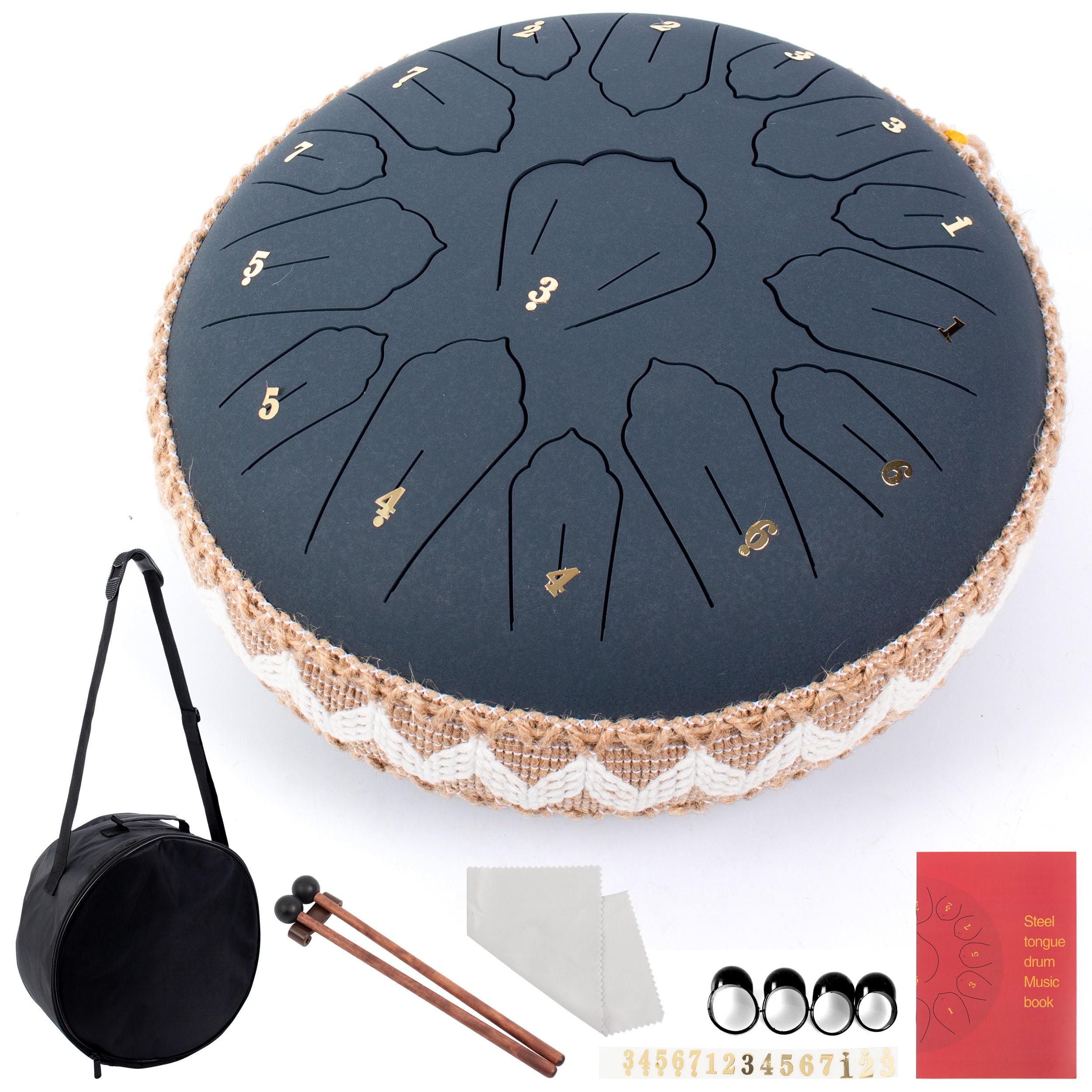Steel Tongue Drum C Mayor, 12 Pulgadas 30 cm 15 Notas Handpan con Baquetas, Funda Protectora y Partituras Musicales, Tambor Percusion La Meditación y el Yoga, Azul Marino