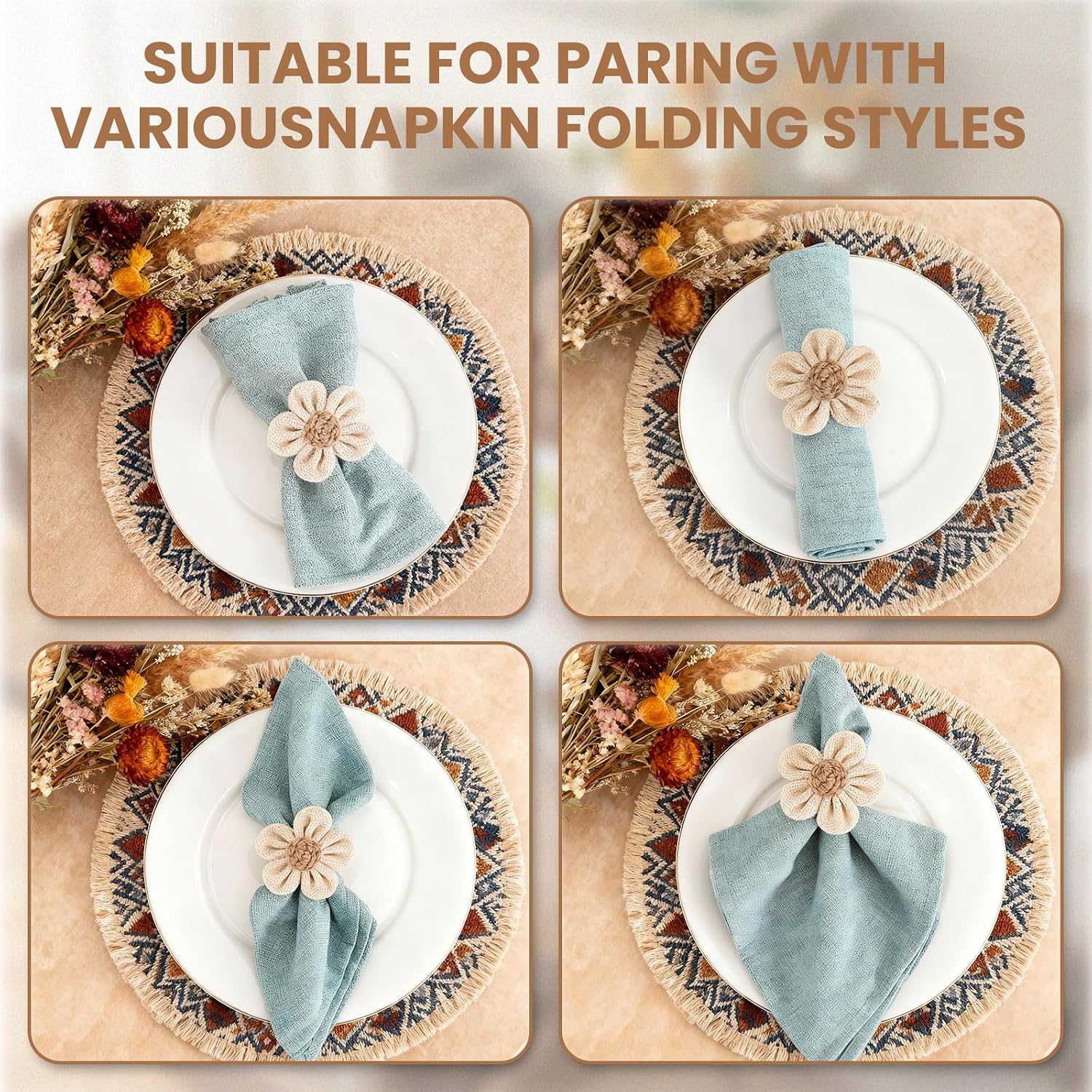 Napkin Rings Set of 6,Flower Napkin Rings Made of Jute