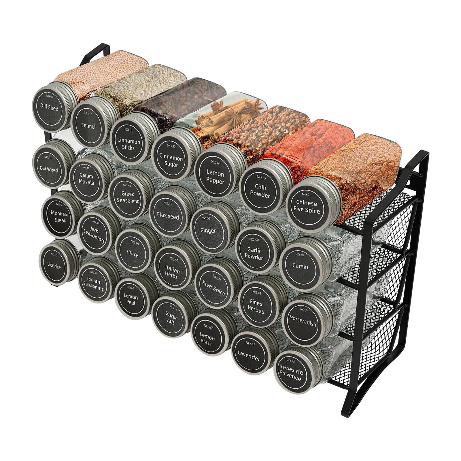 Portaspezie a 4 ripiani con 28 barattoli vuoti in vetro e 180 etichette per spezie, per cucina, armadio, dispensa, armadio, 34,5 x 10 x 23,5 cm, nero