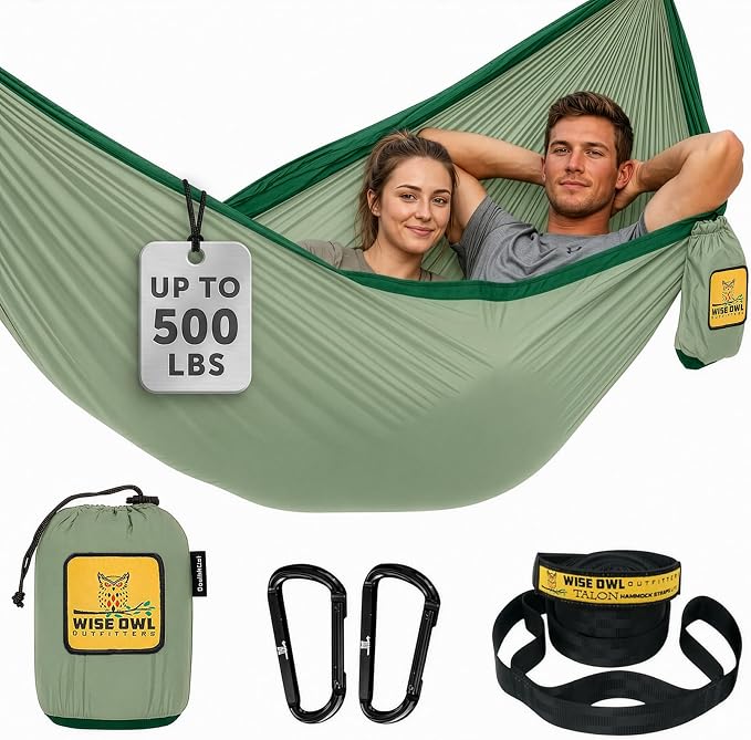 Wise Owl Outfitters Camping Hammock – 500lbs Portable Hammock with Tree Straps - Travel, Backpacking, Hiking, Outdoors Camping Gear - Single or Double