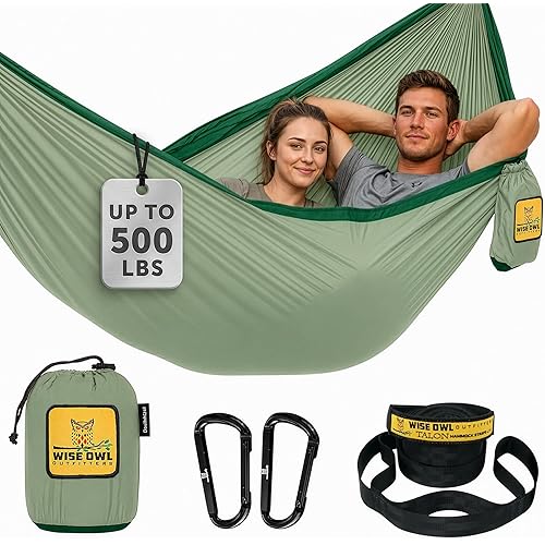 Wise Owl Outfitters Camping Hammock – 500lbs Portable Hammock with Tree Straps - Travel, Backpacking, Hiking, Outdoors Camping Gear - Single or Double