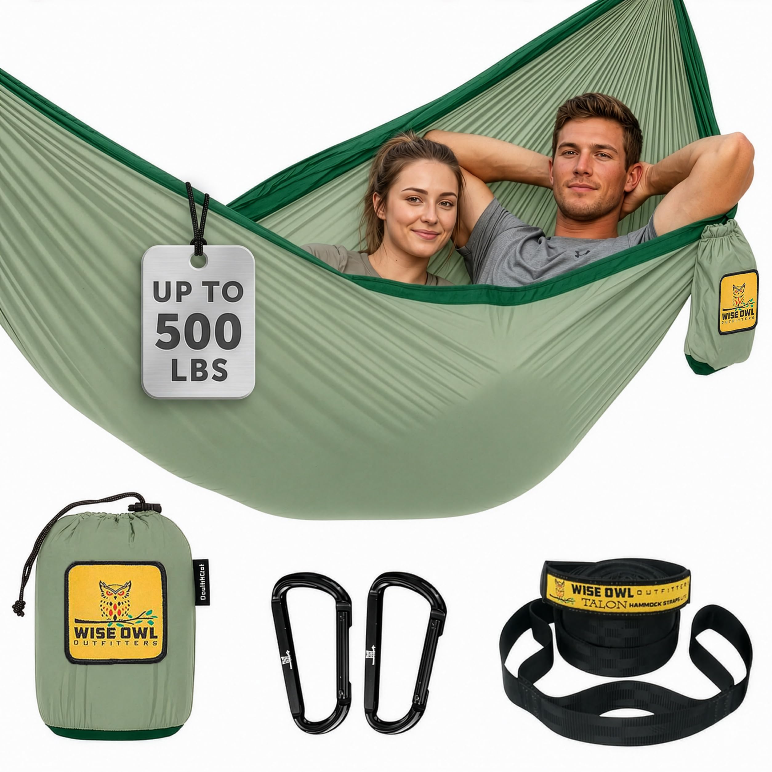 Wise Owl Outfitters Double Camping Hammock in sage and dark green
